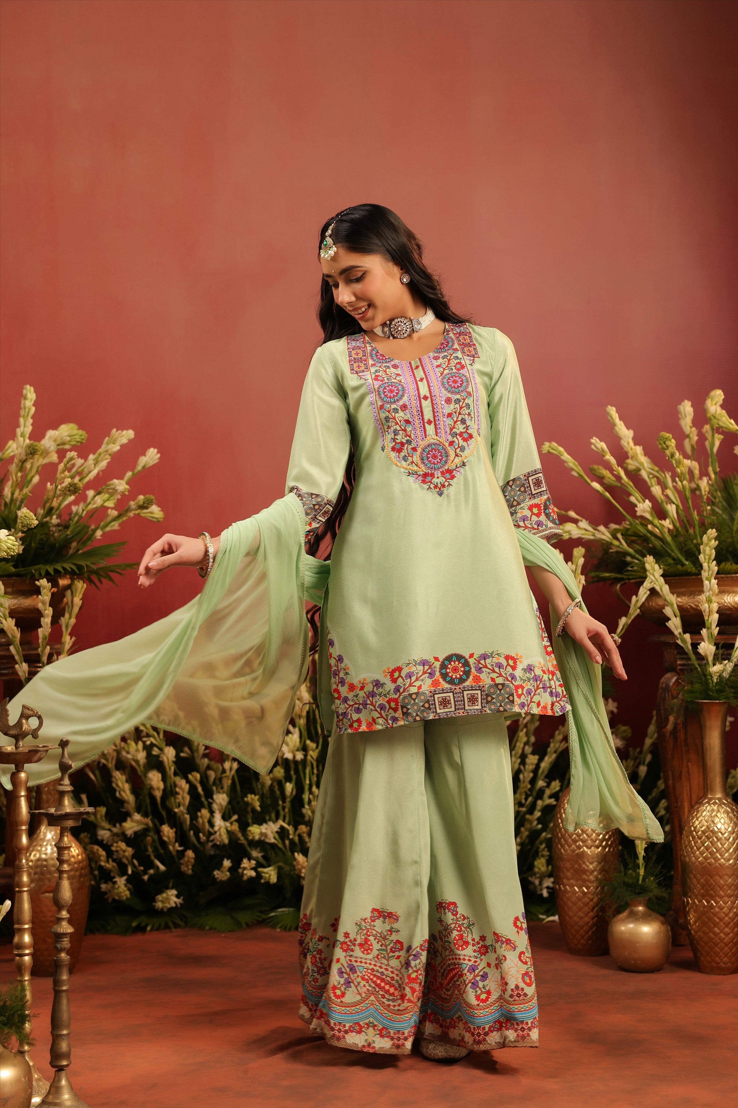 Pista Green Crepe Silk Printed - Embroidered Sharara Set