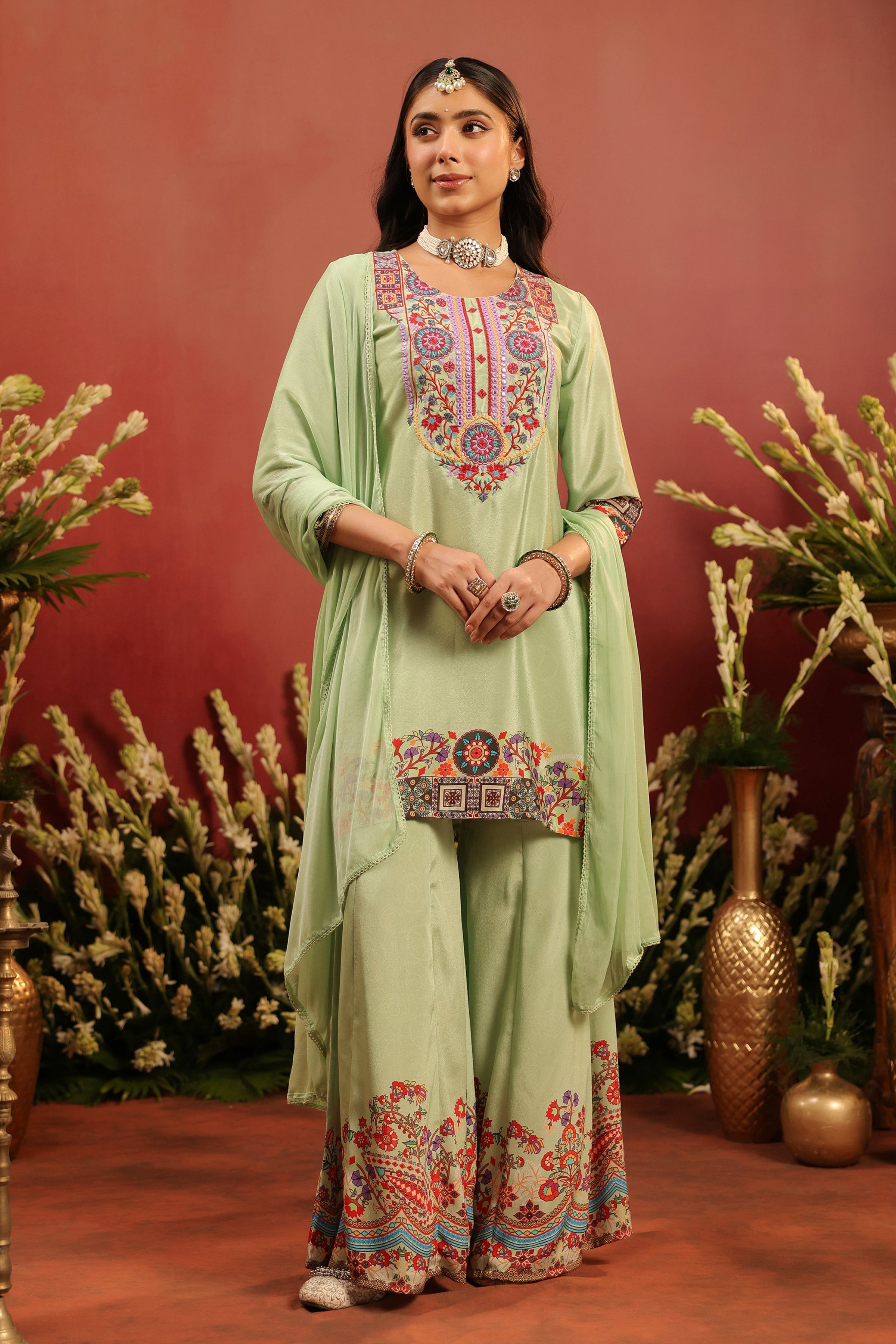 Pista Green Crepe Silk Printed - Embroidered Sharara Set