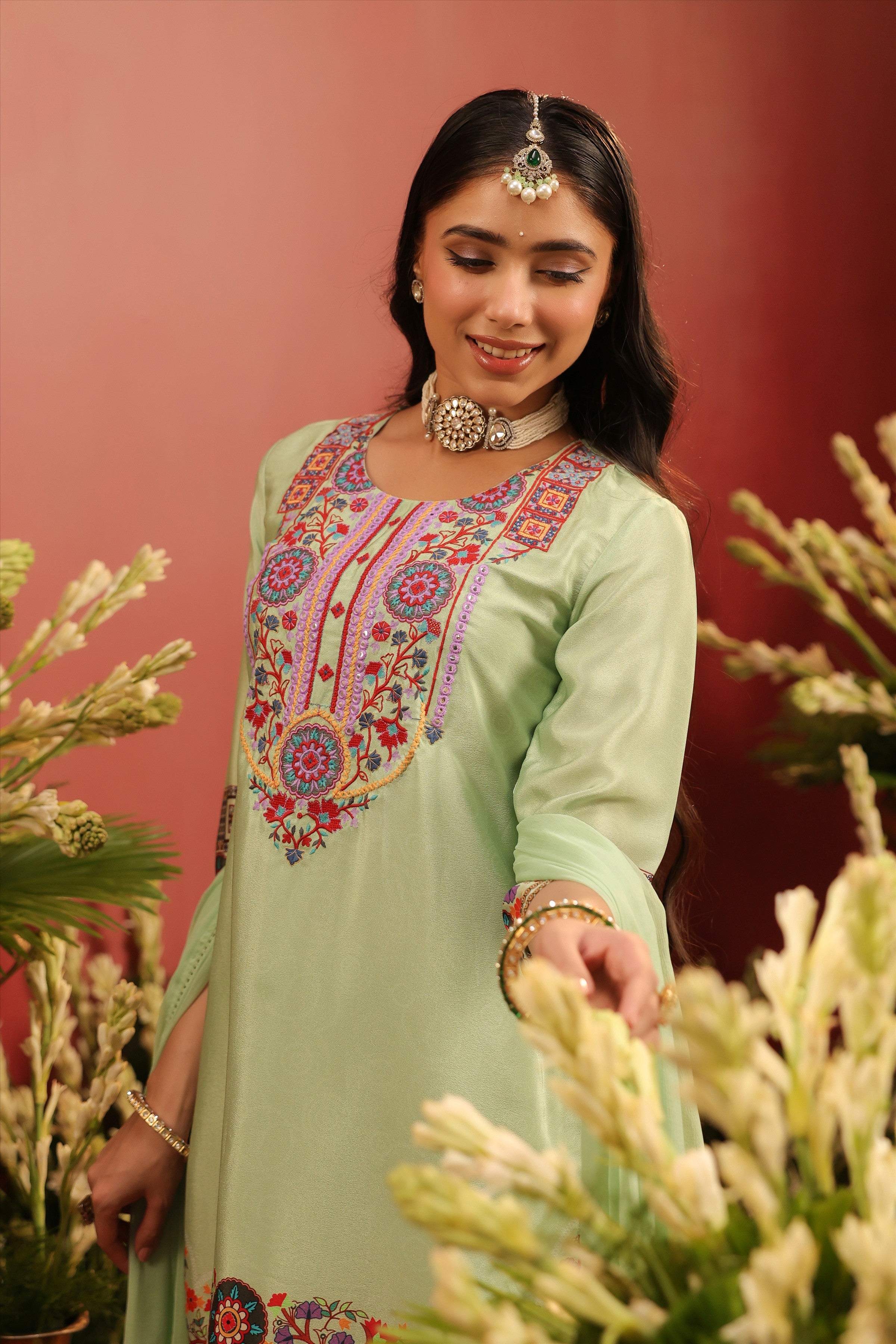 Pista Green Crepe Silk Printed - Embroidered Sharara Set