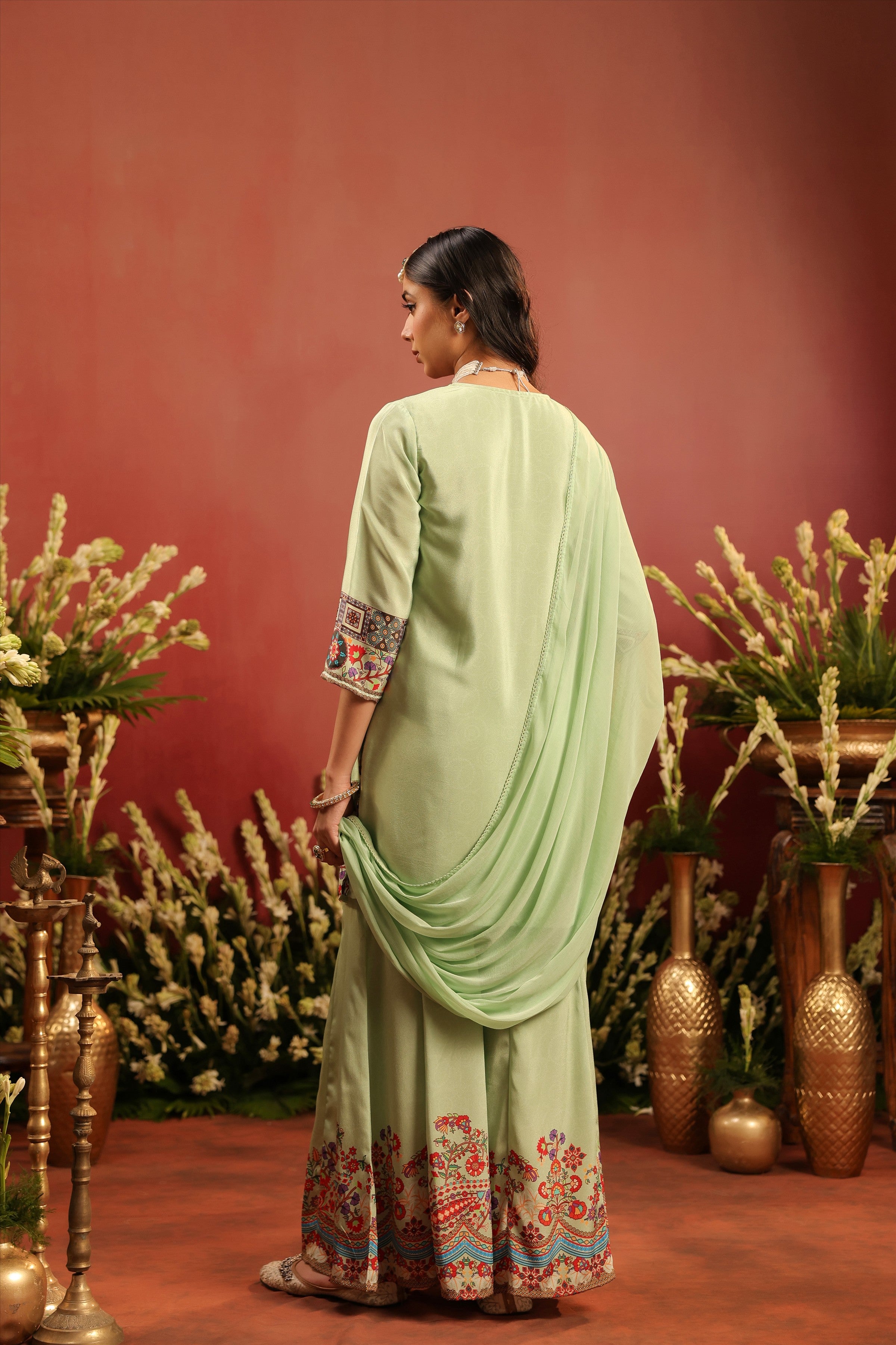 Pista Green Crepe Silk Printed - Embroidered Sharara Set