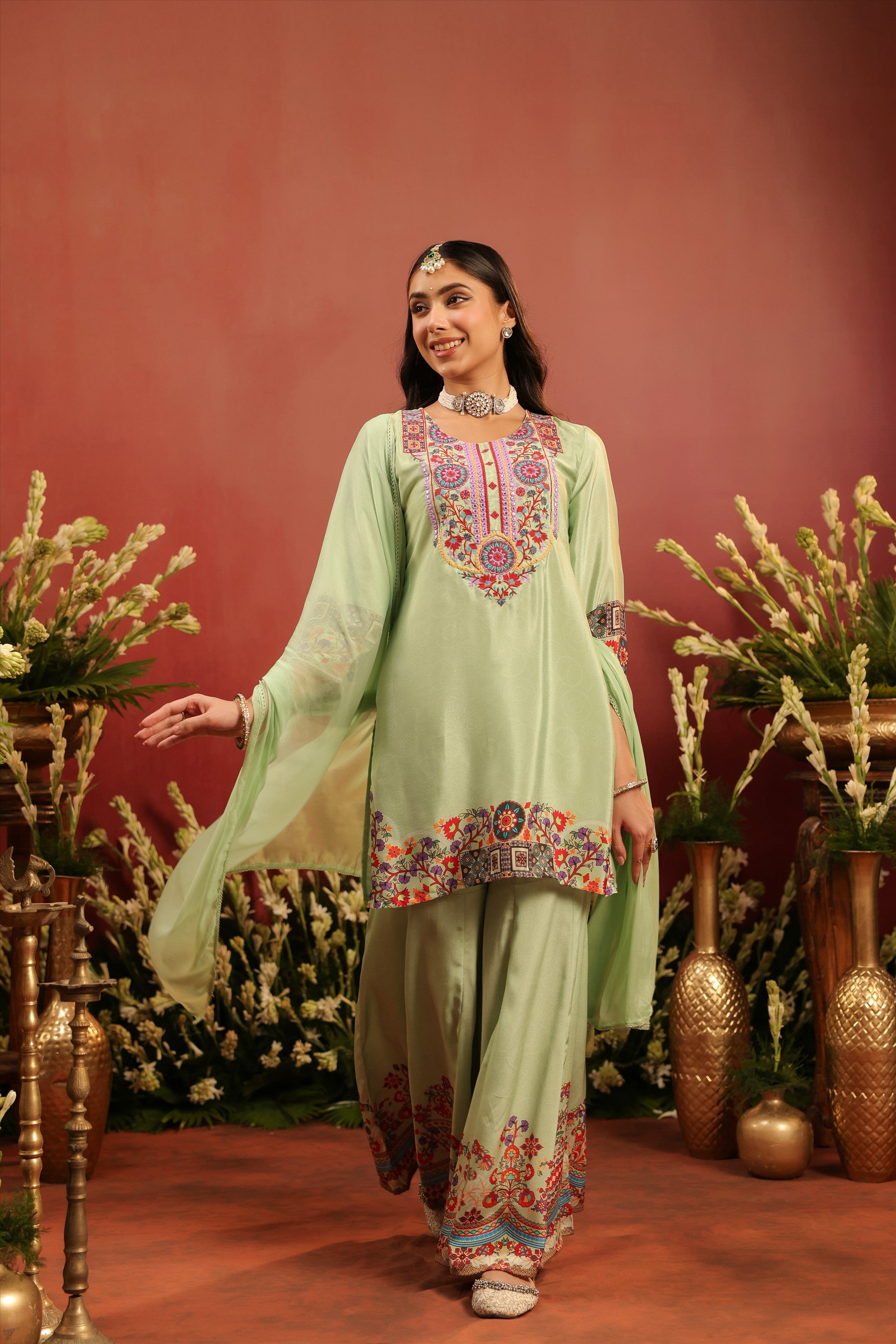 Pista Green Crepe Silk Printed - Embroidered Sharara Set