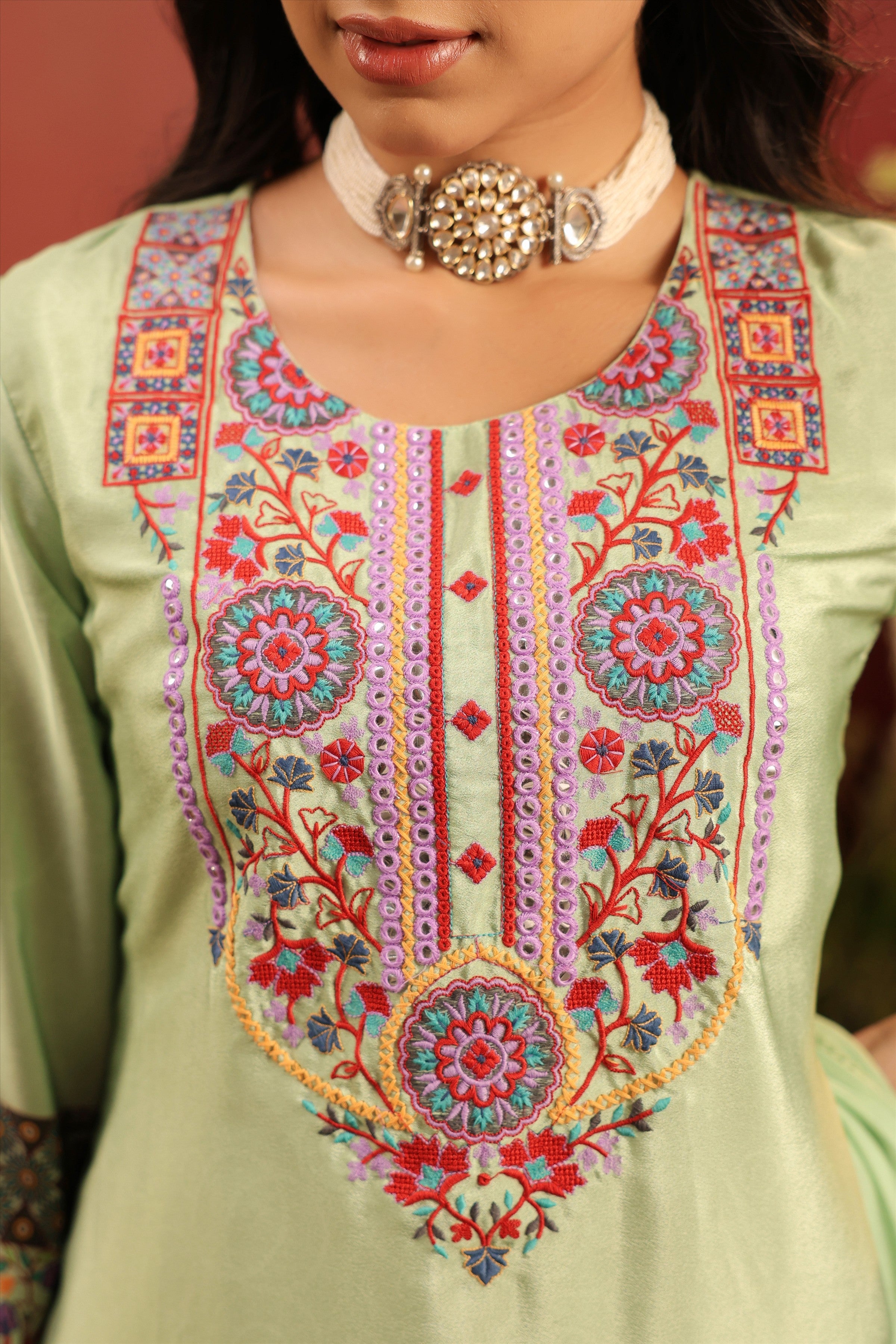 Pista Green Crepe Silk Printed - Embroidered Sharara Set