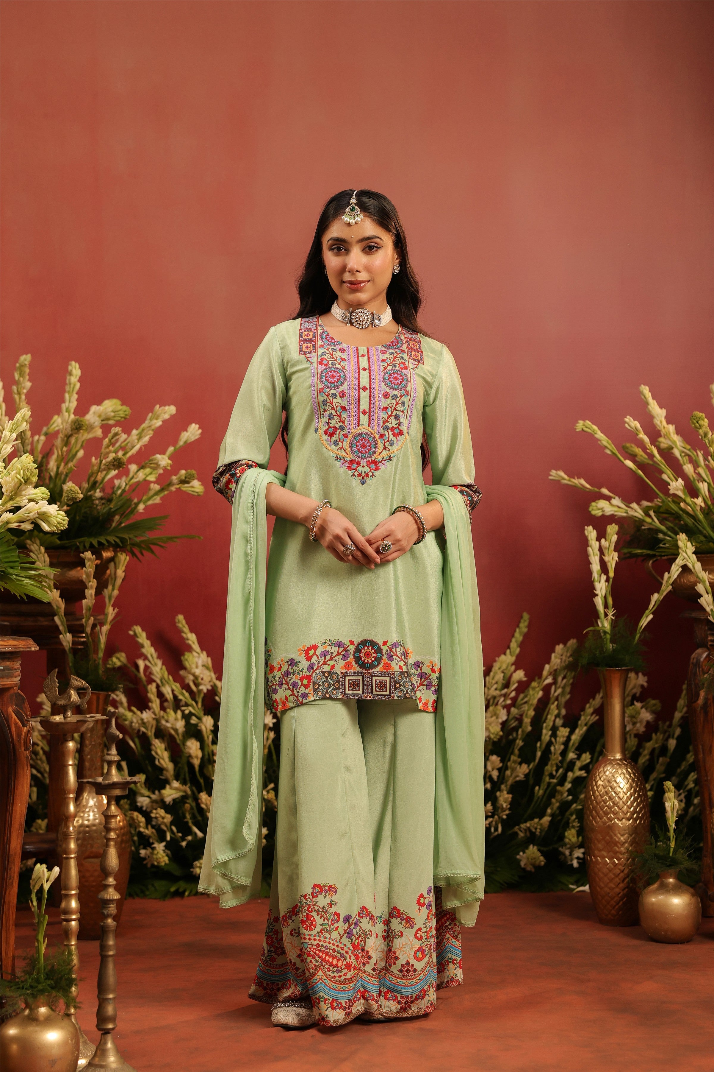 Pista Green Crepe Silk Printed - Embroidered Sharara Set