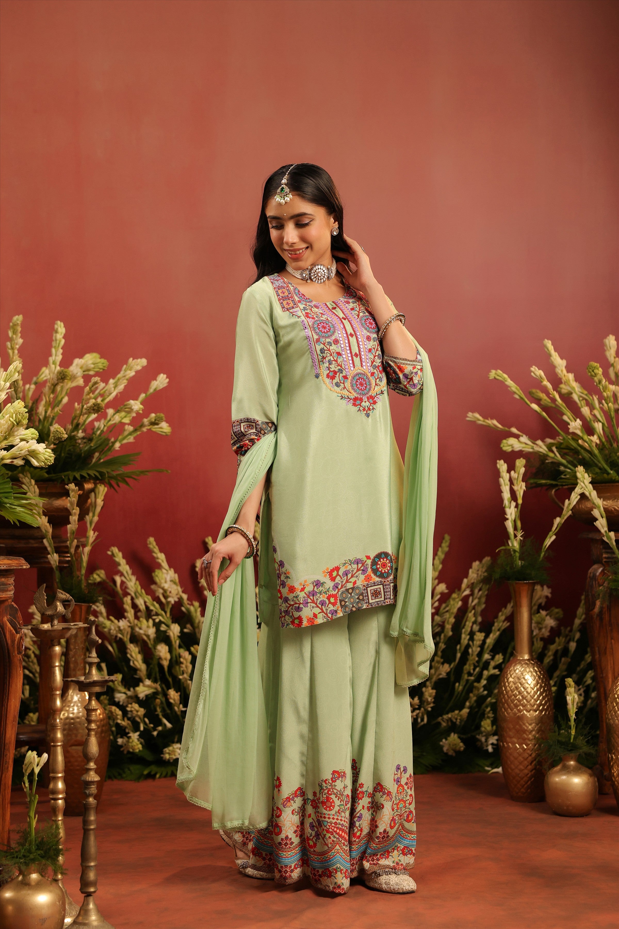 Pista Green Crepe Silk Printed - Embroidered Sharara Set