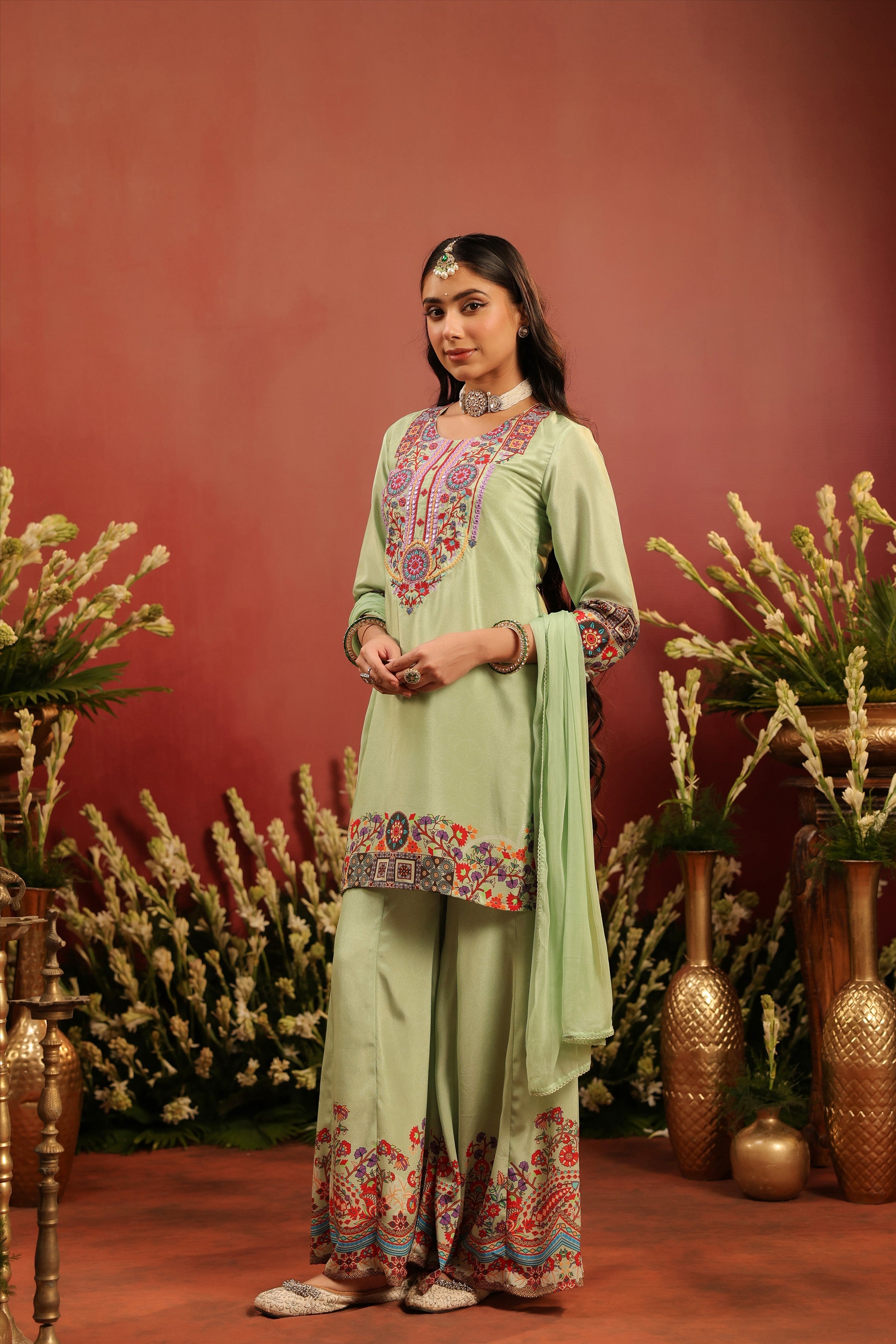 Pista Green Crepe Silk Printed - Embroidered Sharara Set