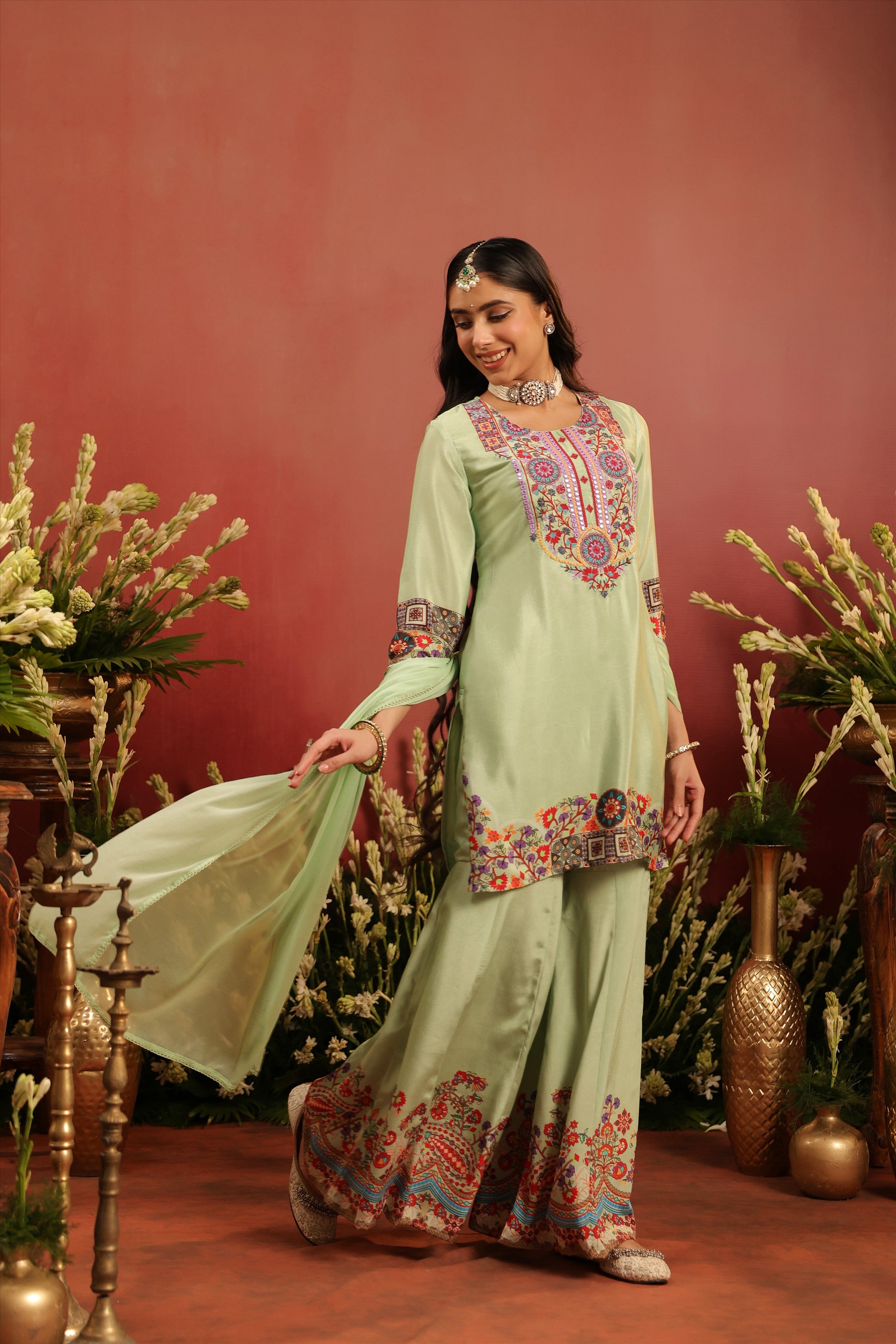 Pista Green Crepe Silk Printed - Embroidered Sharara Set