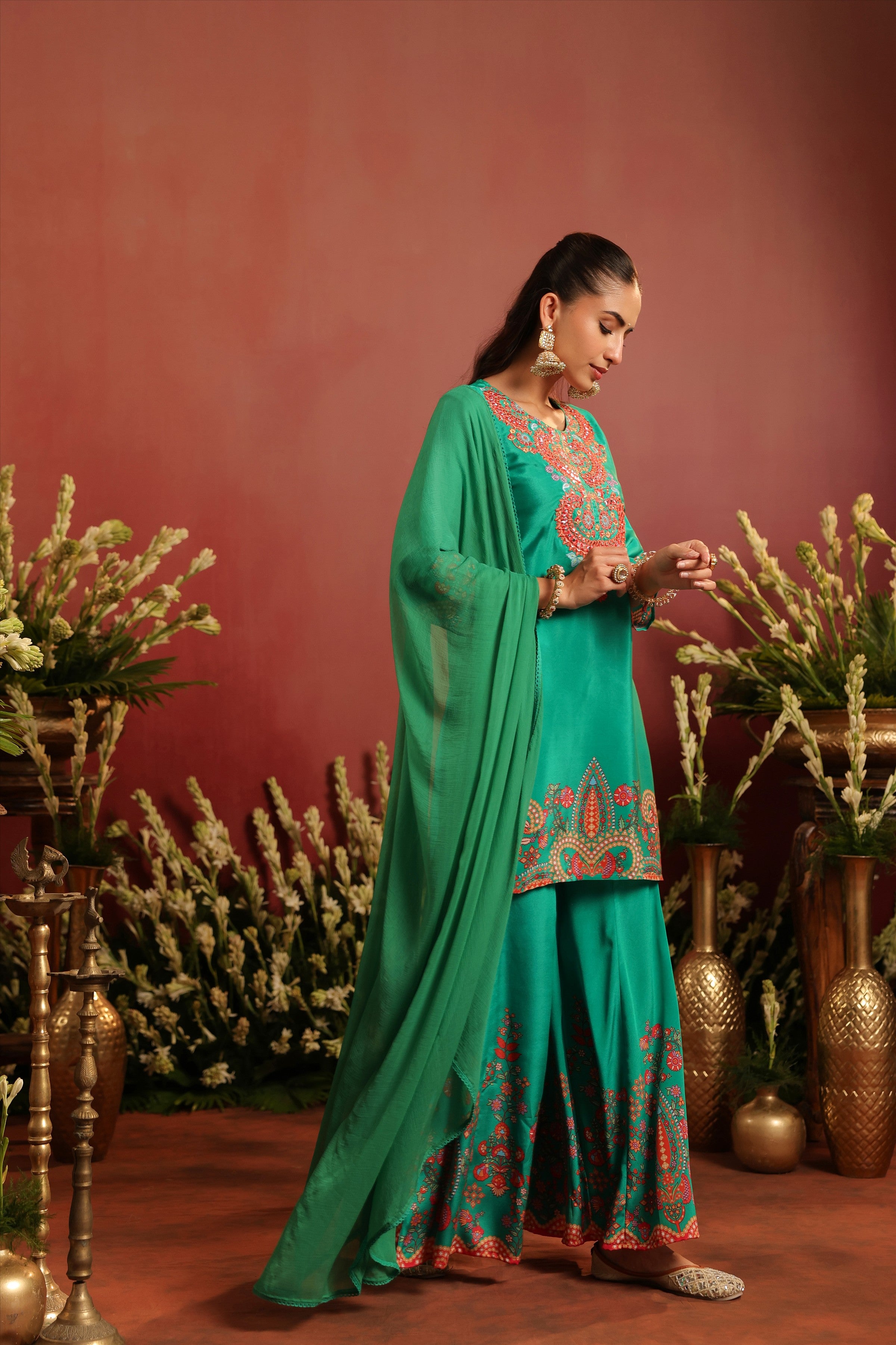 Green Crepe Silk Printed - Embroidered Sharara Set