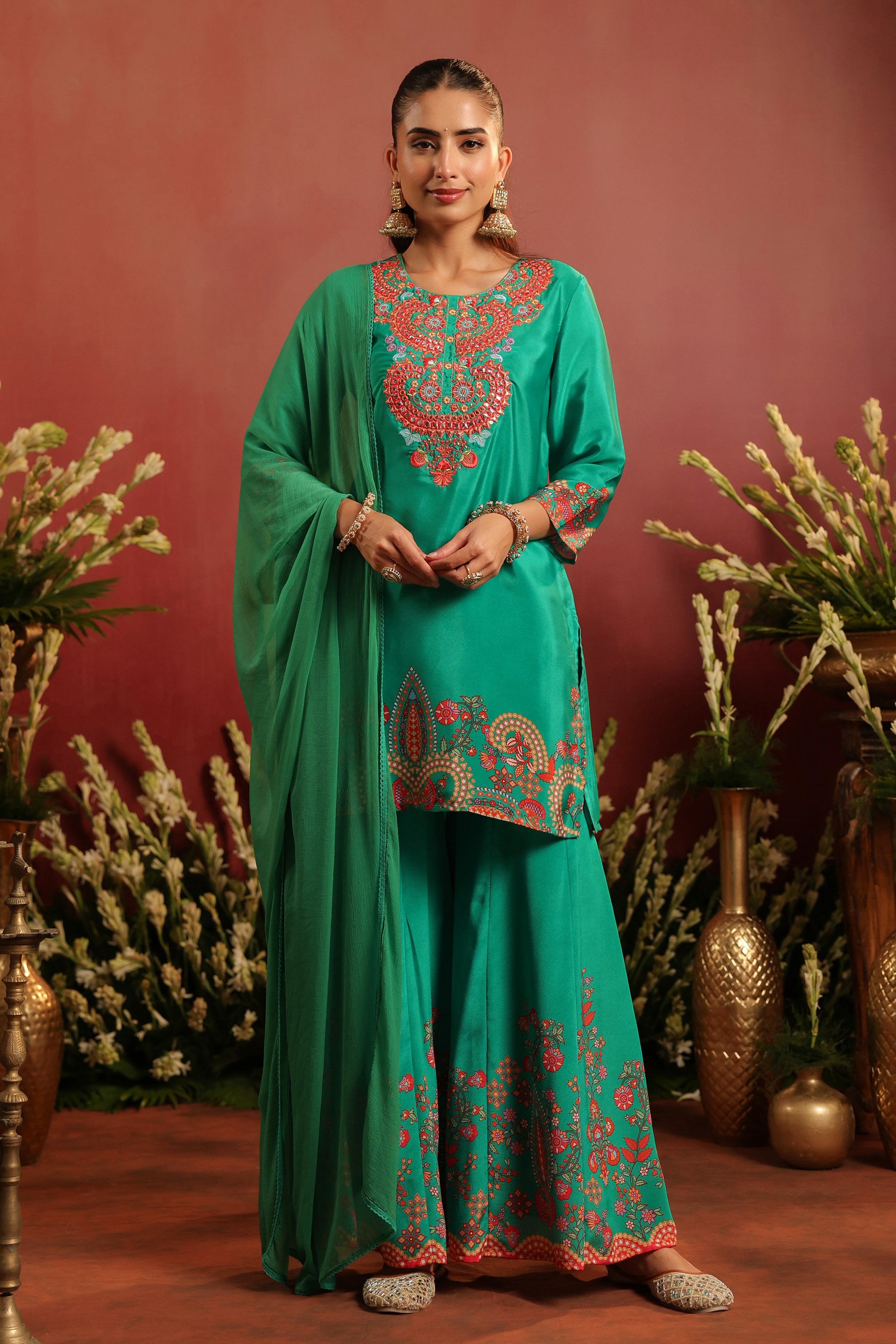 Green Crepe Silk Printed - Embroidered Sharara Set