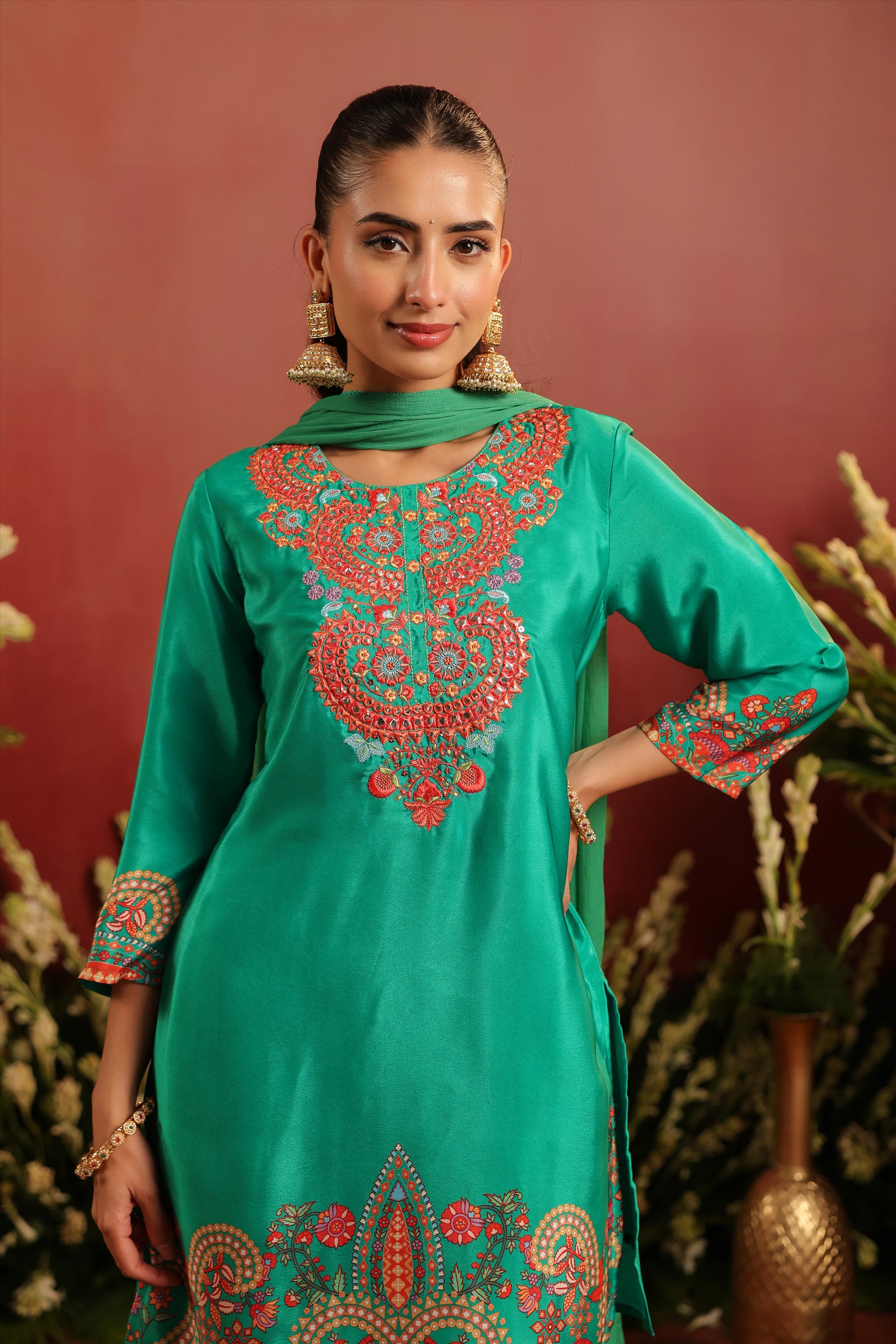 Green Crepe Silk Printed - Embroidered Sharara Set