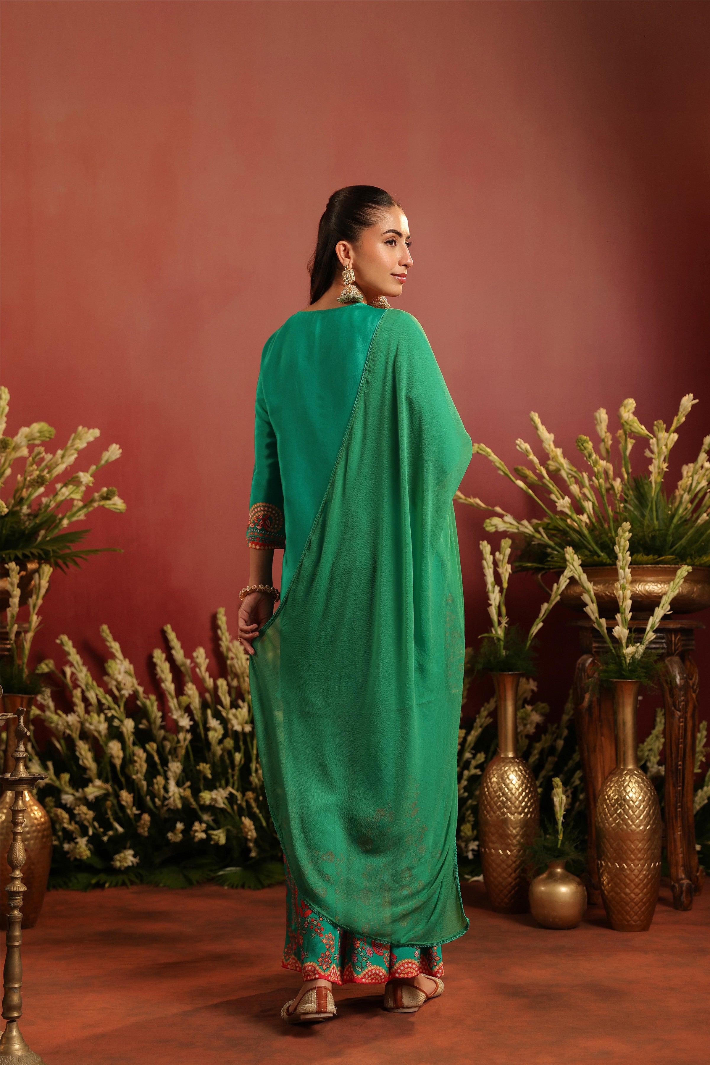 Green Crepe Silk Printed - Embroidered Sharara Set