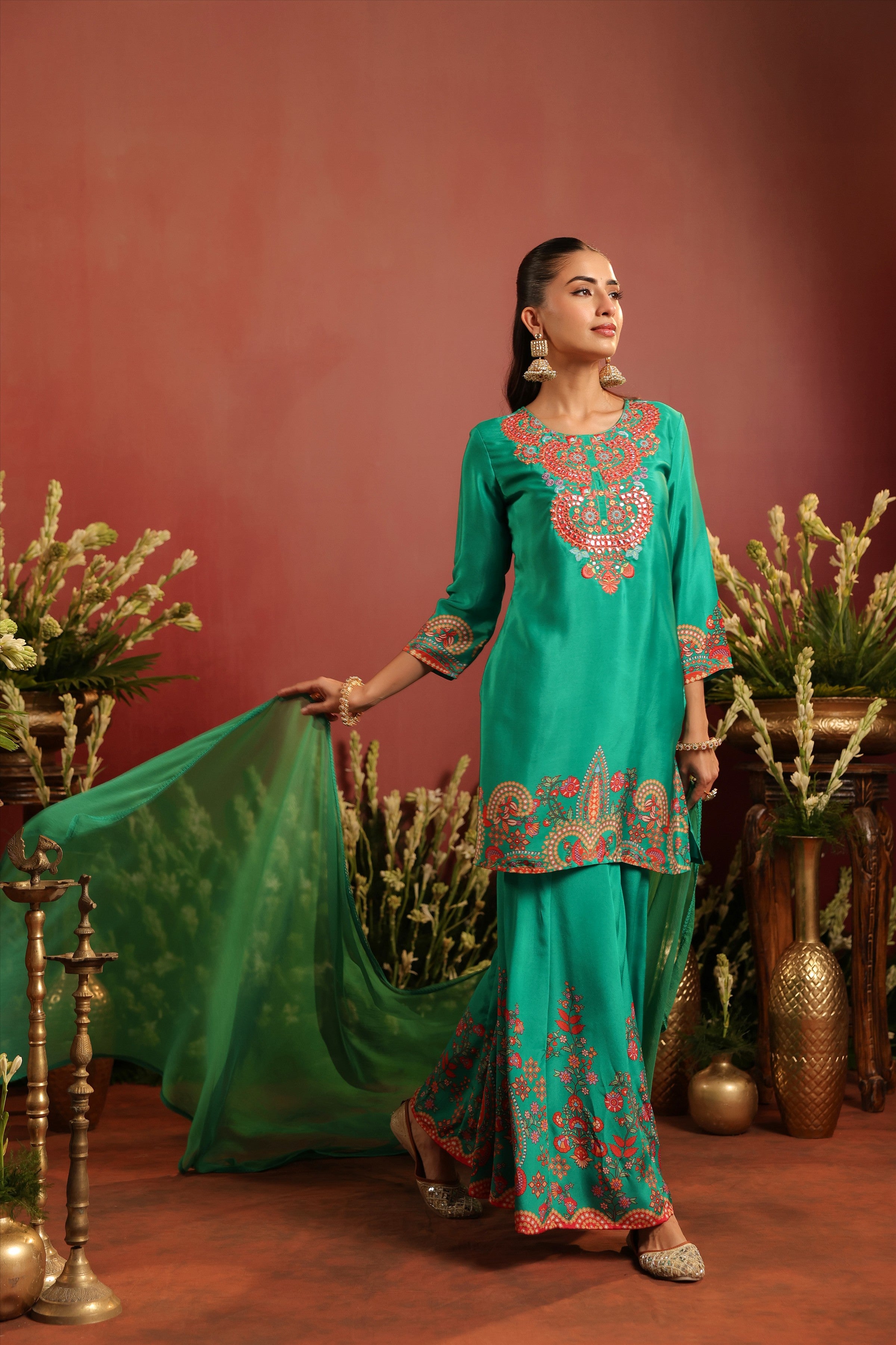 Green Crepe Silk Printed - Embroidered Sharara Set