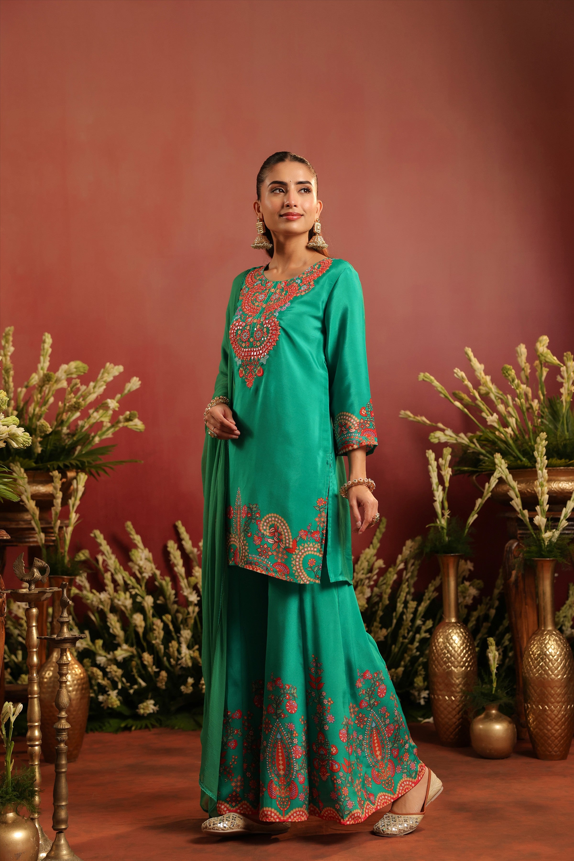Green Crepe Silk Printed - Embroidered Sharara Set