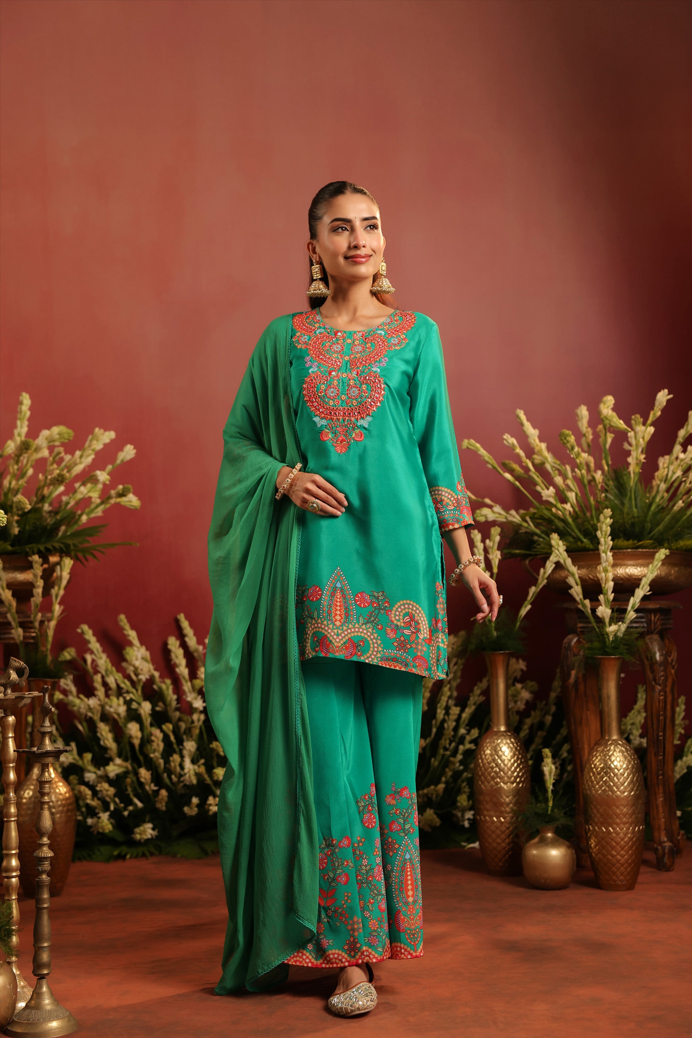 Green Crepe Silk Printed - Embroidered Sharara Set