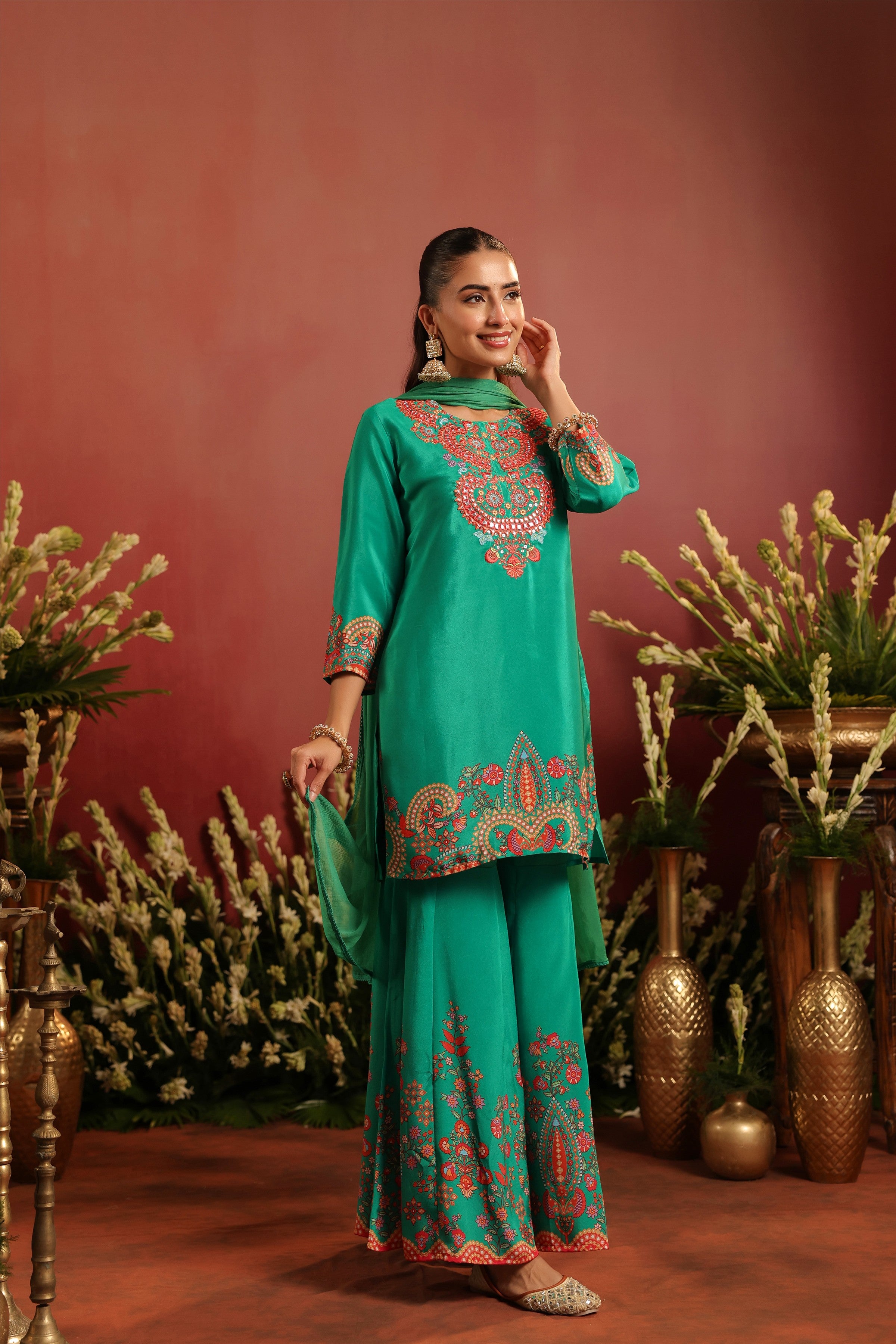 Green Crepe Silk Printed - Embroidered Sharara Set