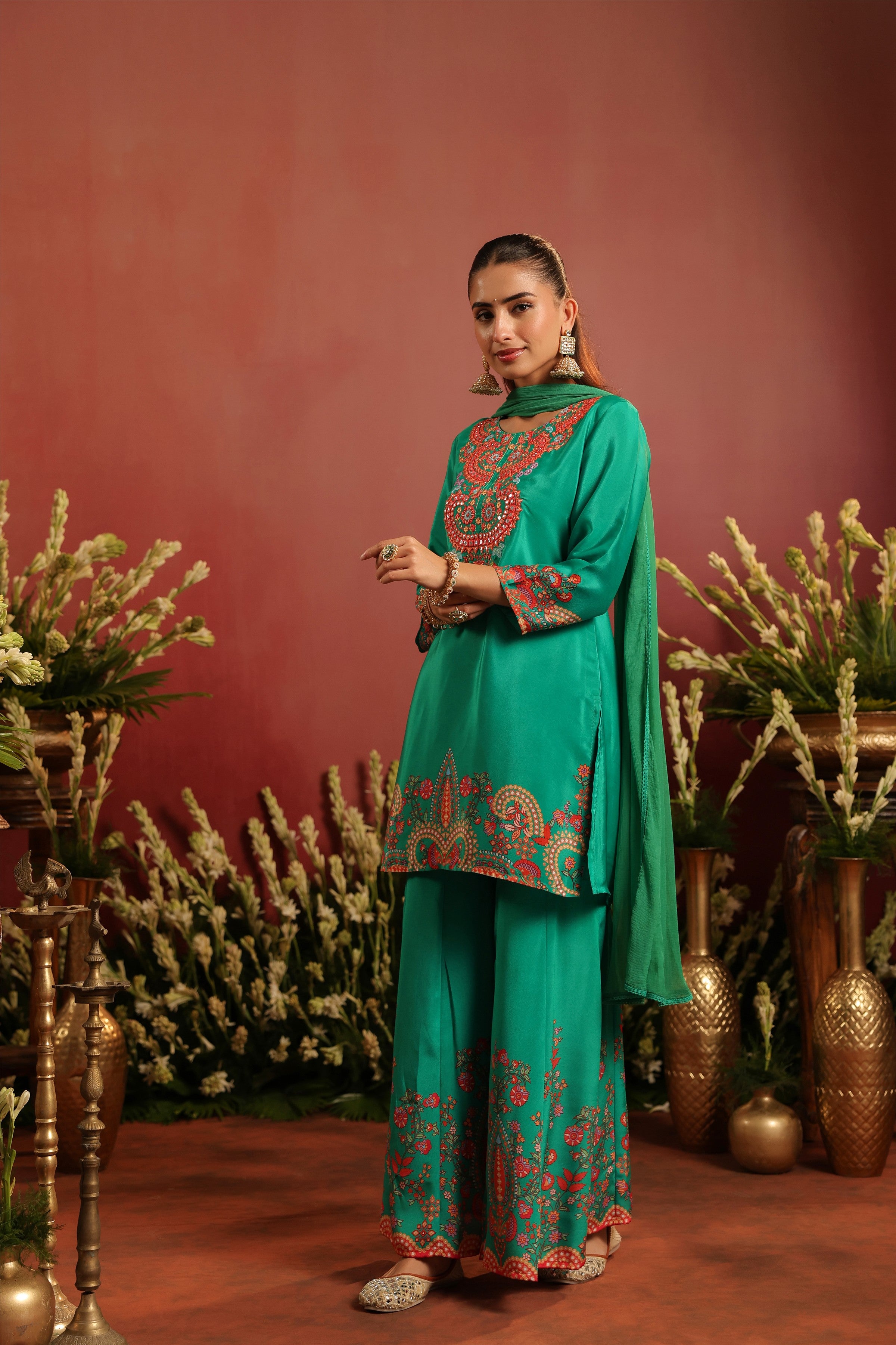 Green Crepe Silk Printed - Embroidered Sharara Set