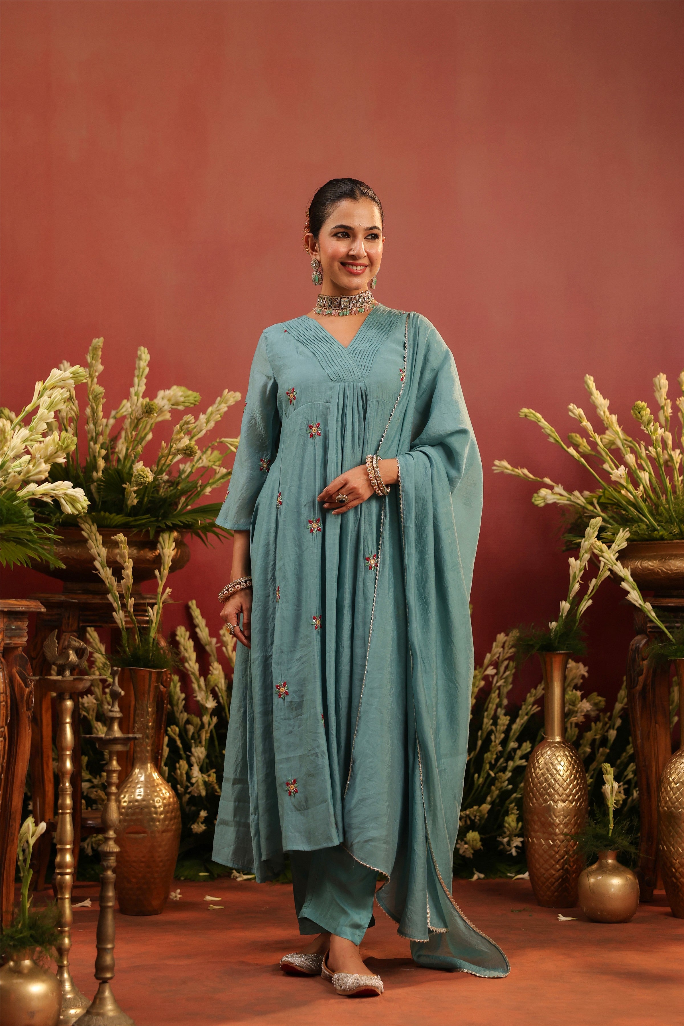 Blue Mul Chanderi Hand Embroidered Anarkali Suit Set