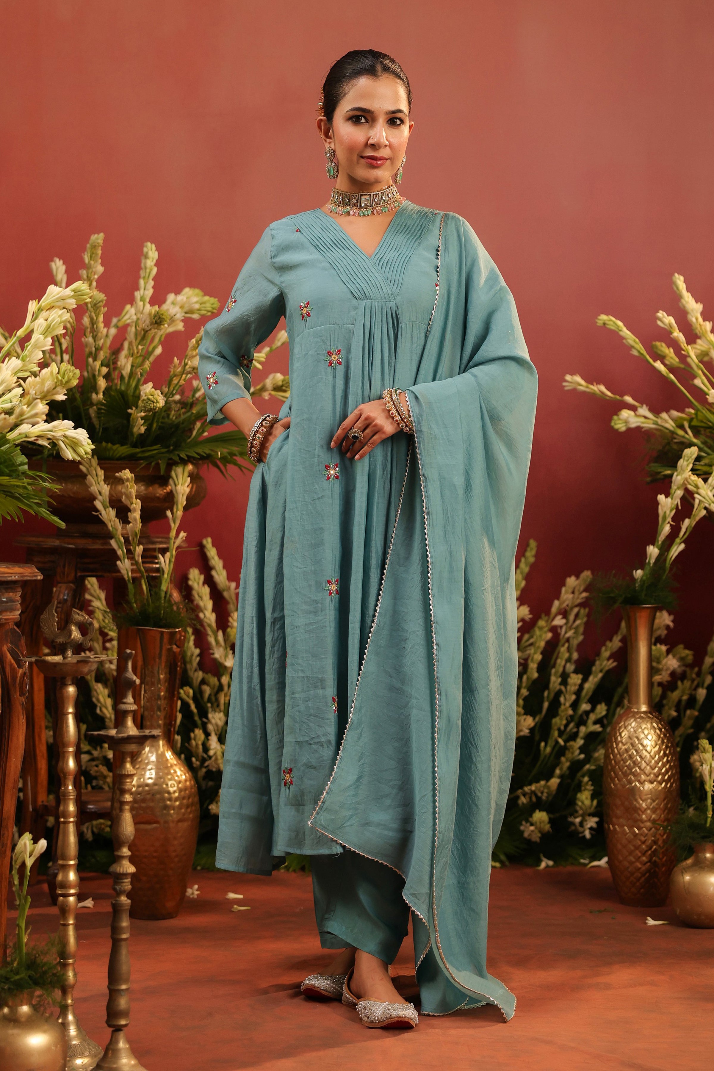 Blue Mul Chanderi Hand Embroidered Anarkali Suit Set