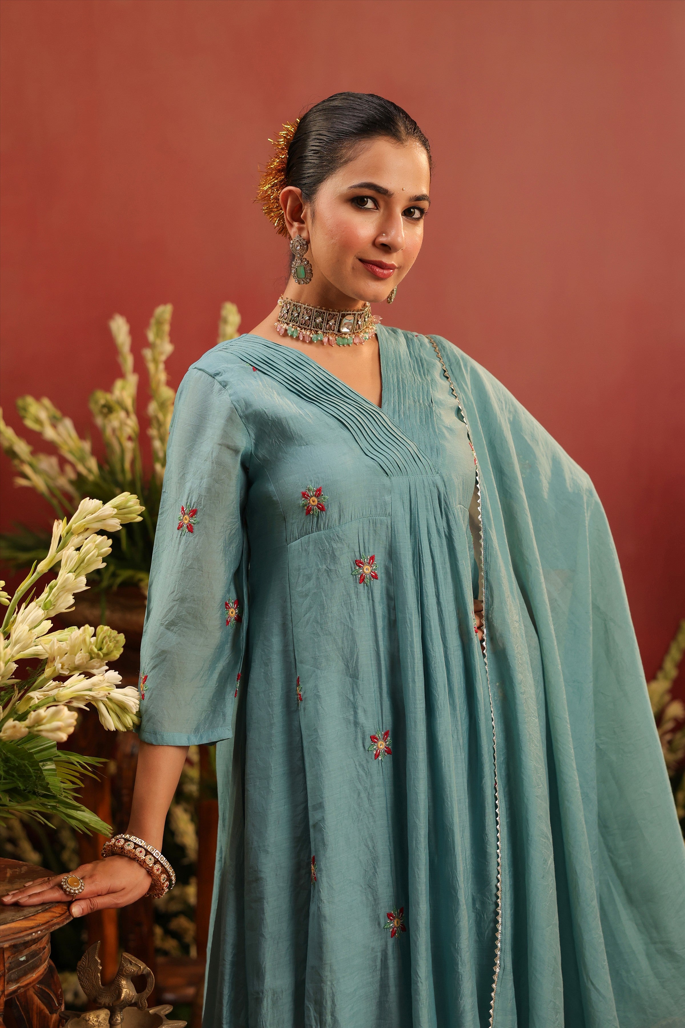 Blue Mul Chanderi Hand Embroidered Anarkali Suit Set