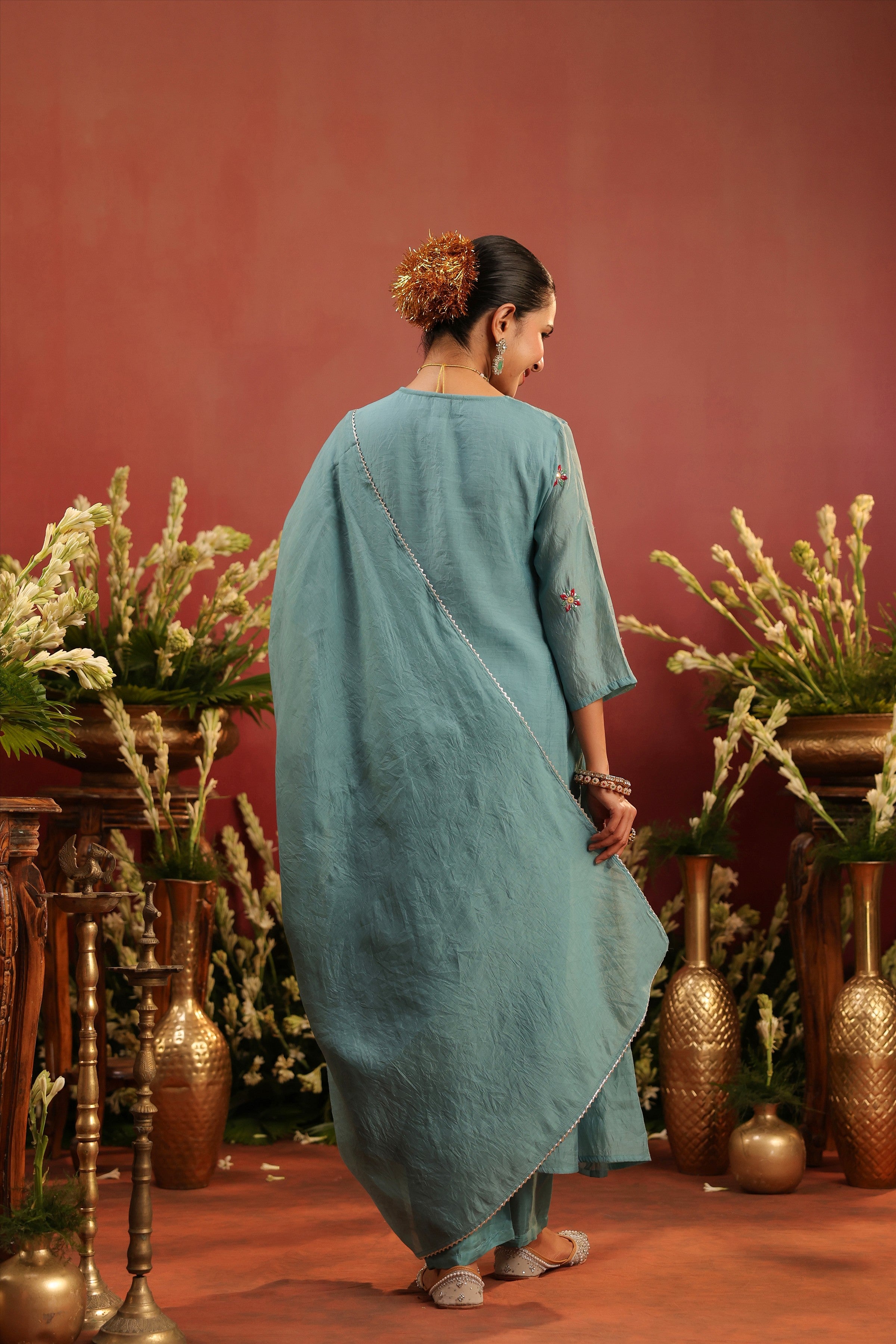 Blue Mul Chanderi Hand Embroidered Anarkali Suit Set