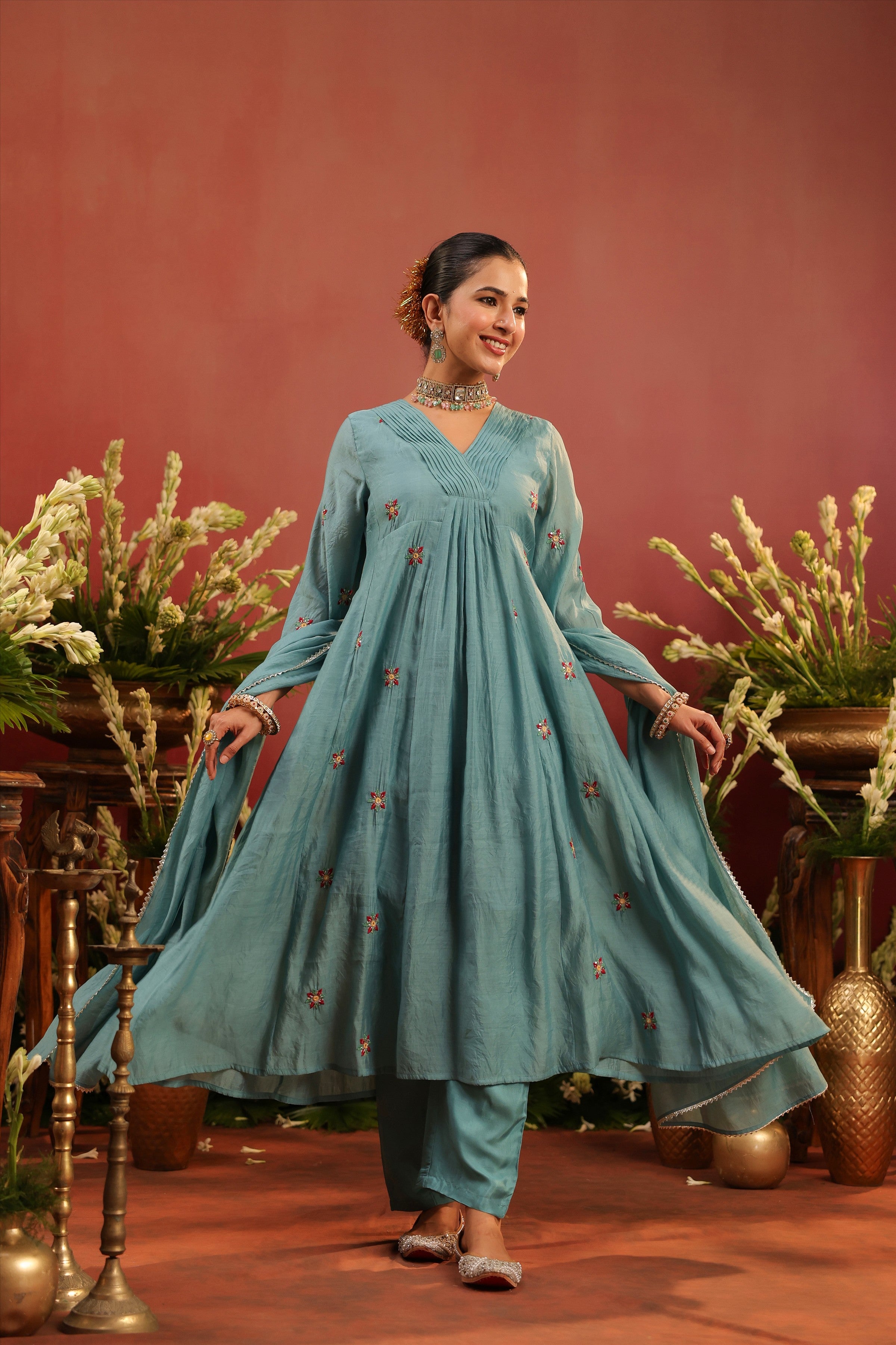 Blue Mul Chanderi Hand Embroidered Anarkali Suit Set
