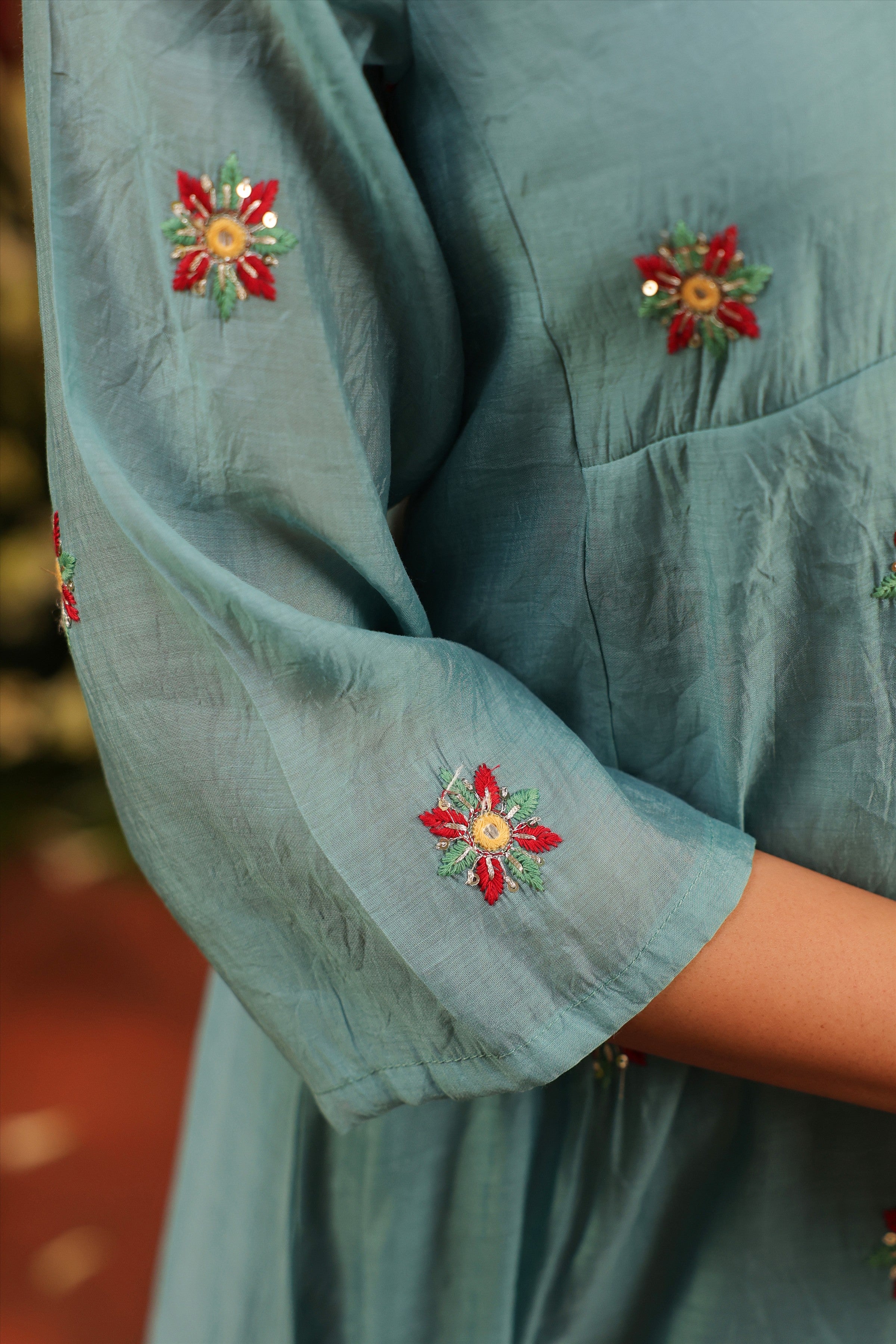 Blue Mul Chanderi Hand Embroidered Anarkali Suit Set