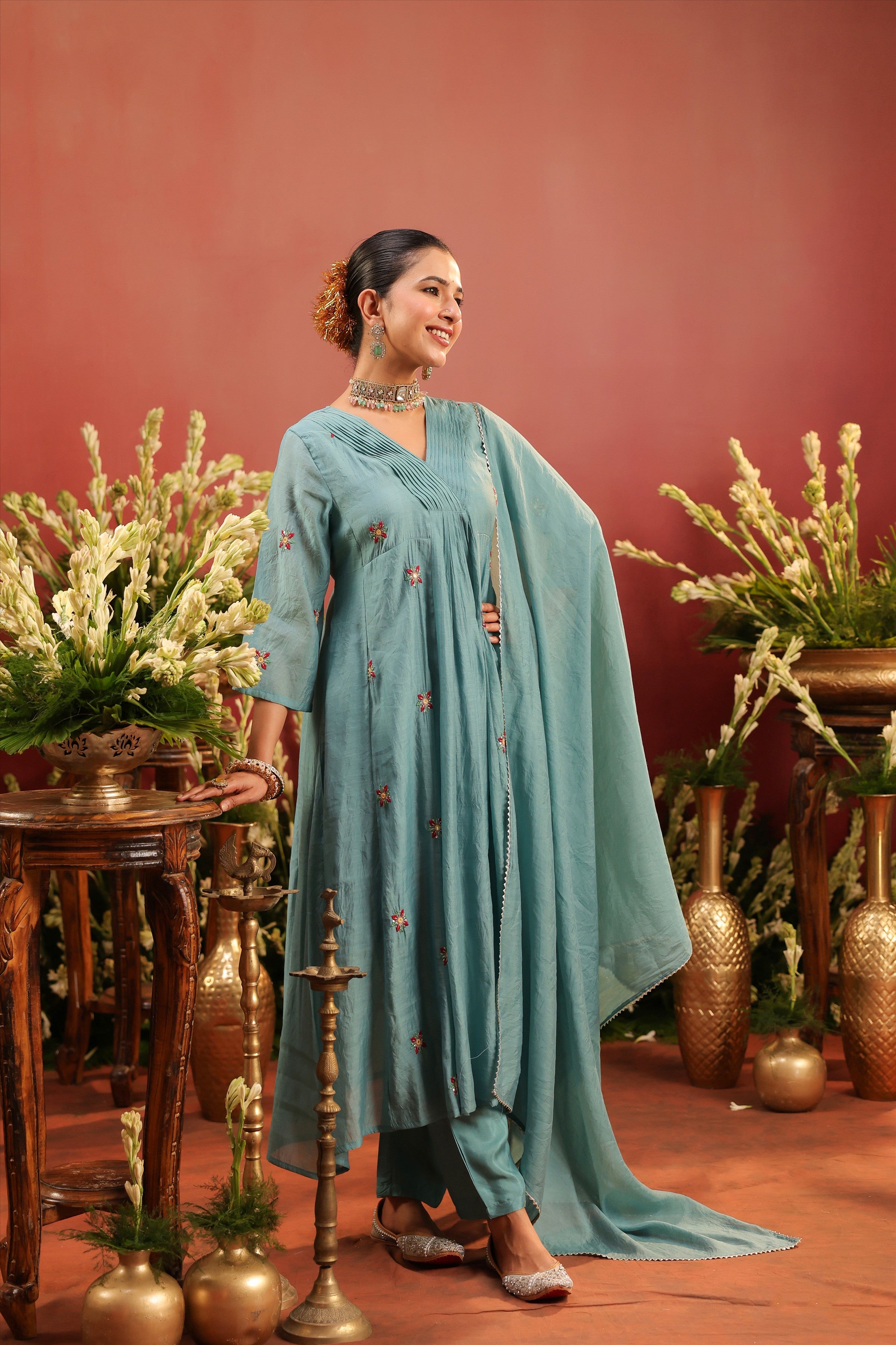 Blue Mul Chanderi Hand Embroidered Anarkali Suit Set