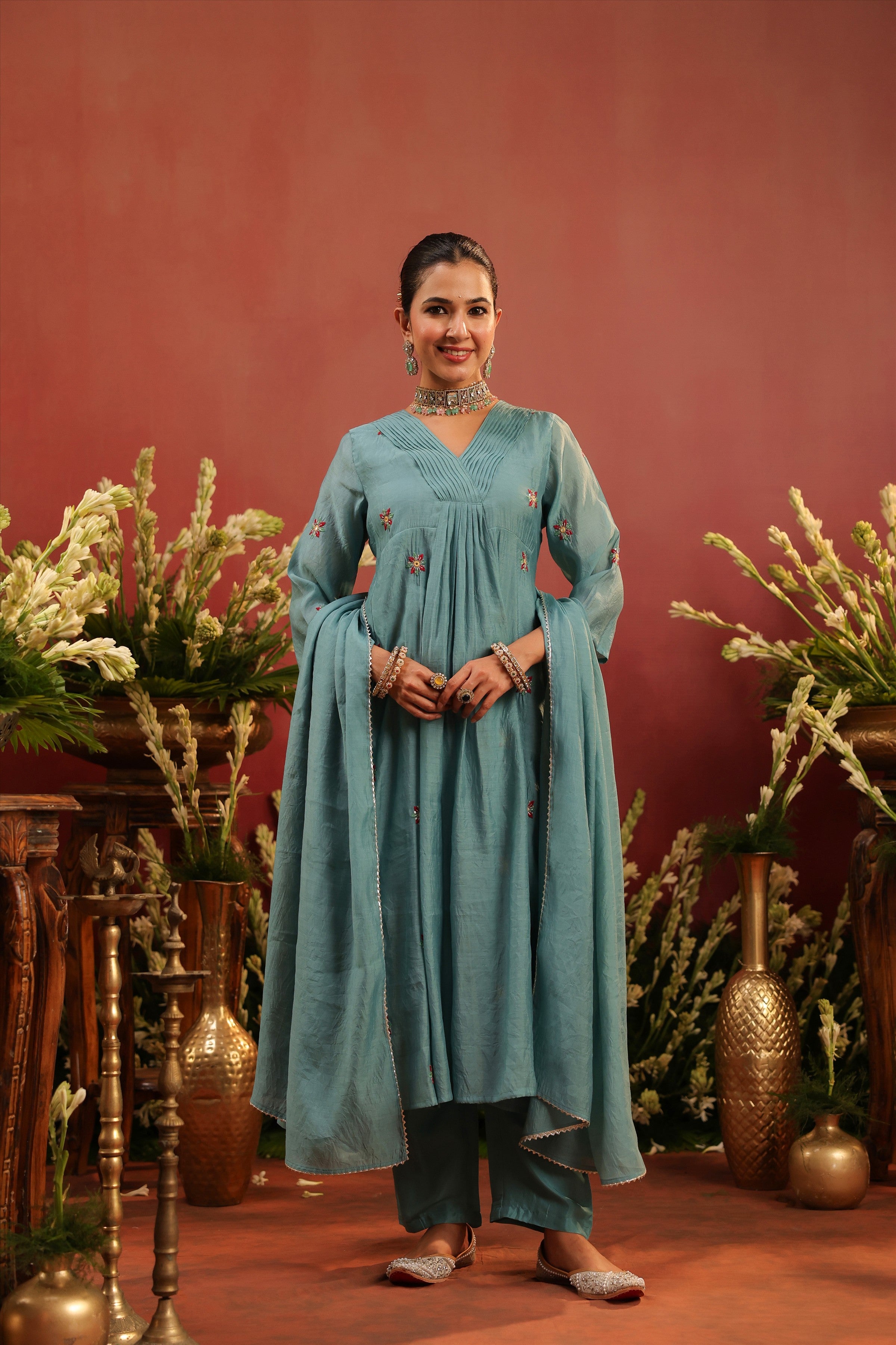 Blue Mul Chanderi Hand Embroidered Anarkali Suit Set