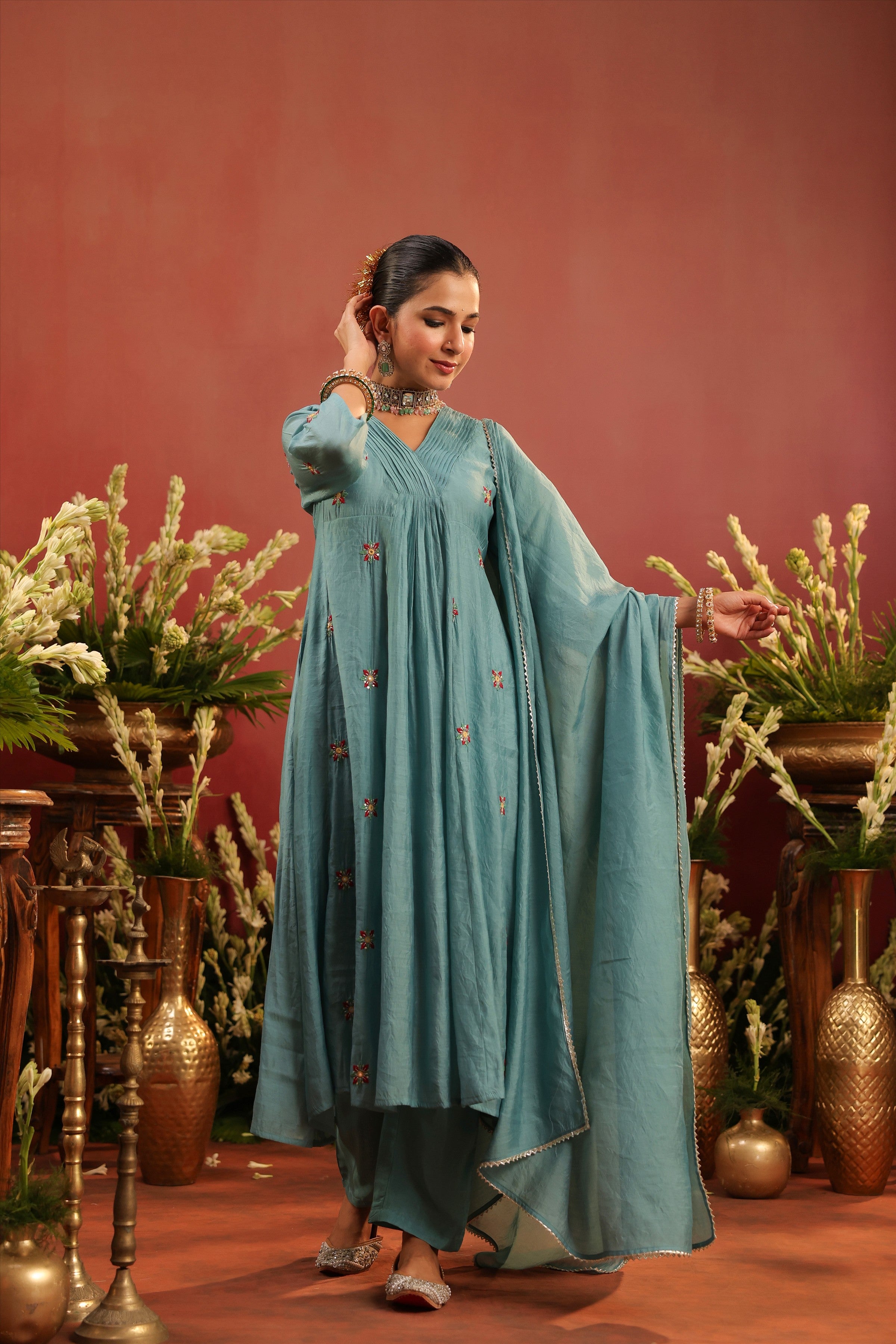 Blue Mul Chanderi Hand Embroidered Anarkali Suit Set