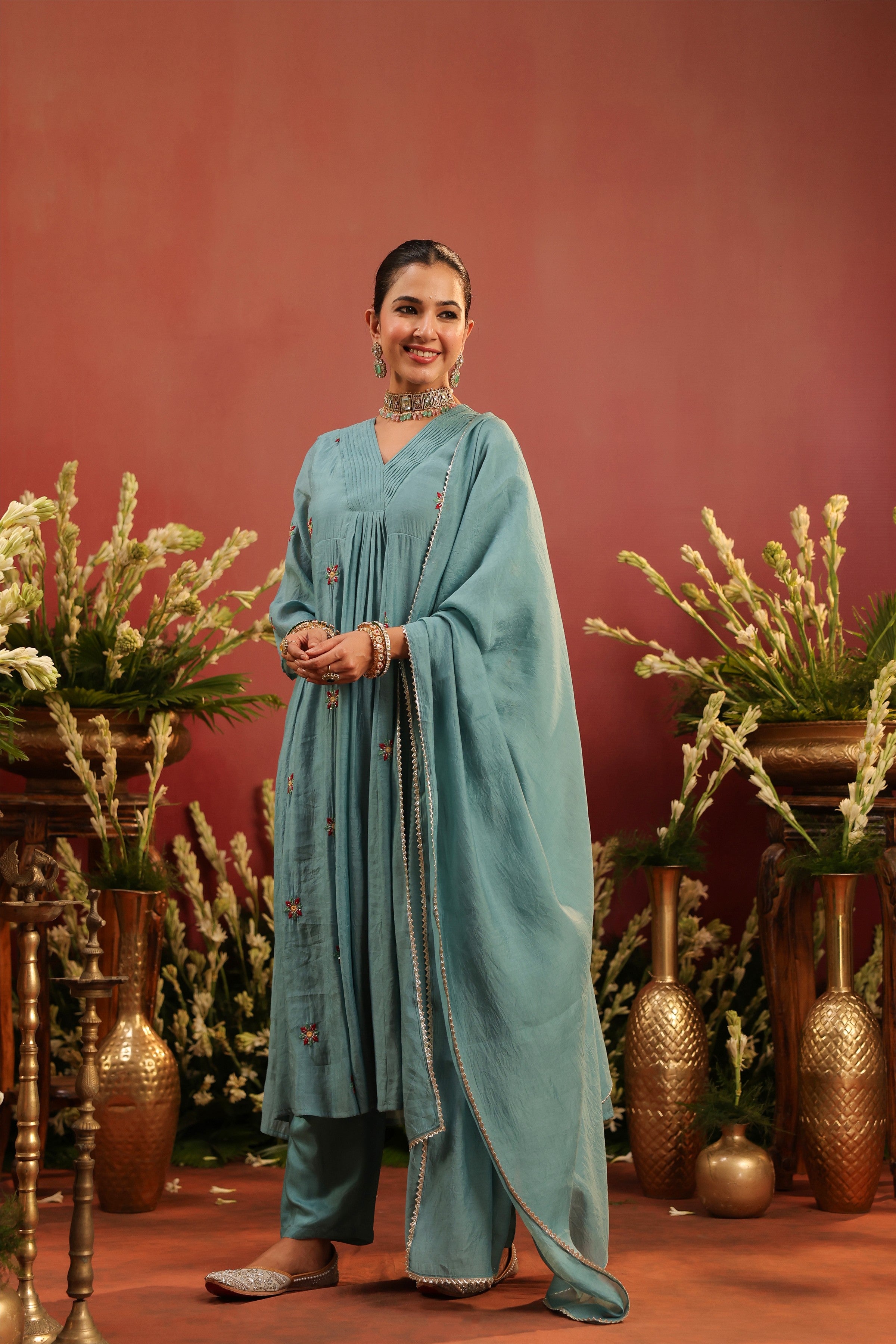 Blue Mul Chanderi Hand Embroidered Anarkali Suit Set