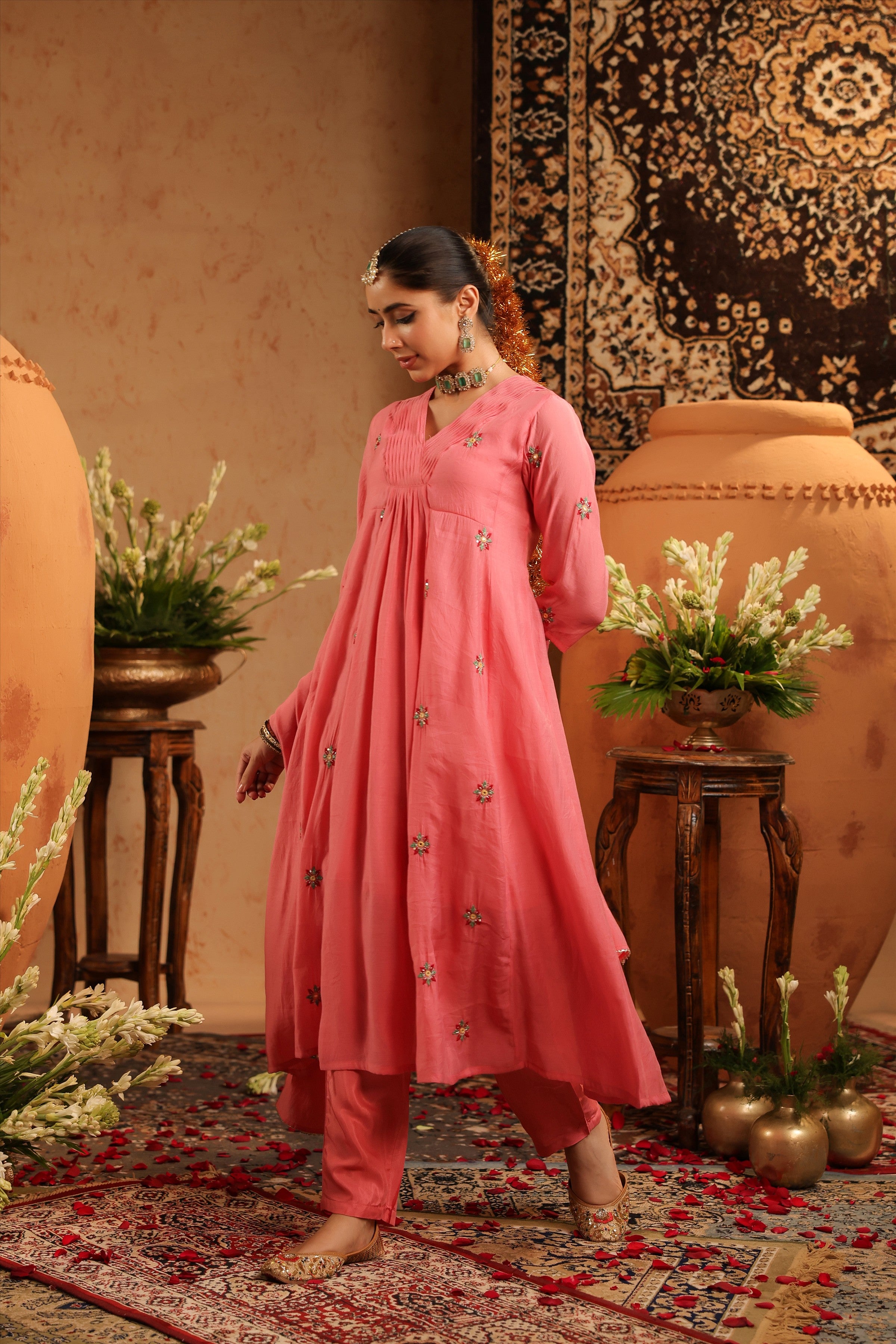 Mauve Mul Chanderi Hand Embroidered Anarkali Suit Set