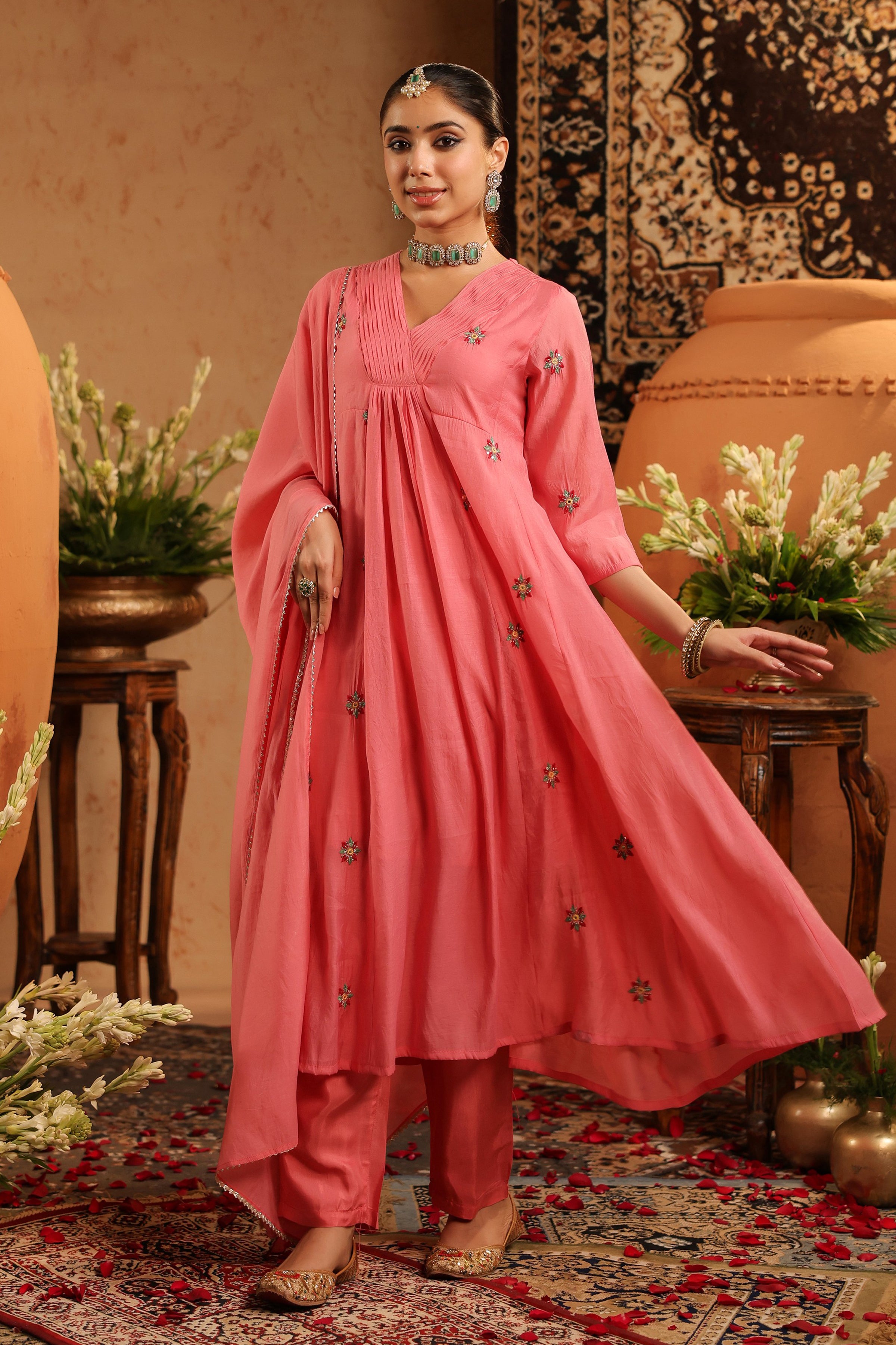 Mauve Mul Chanderi Hand Embroidered Anarkali Suit Set