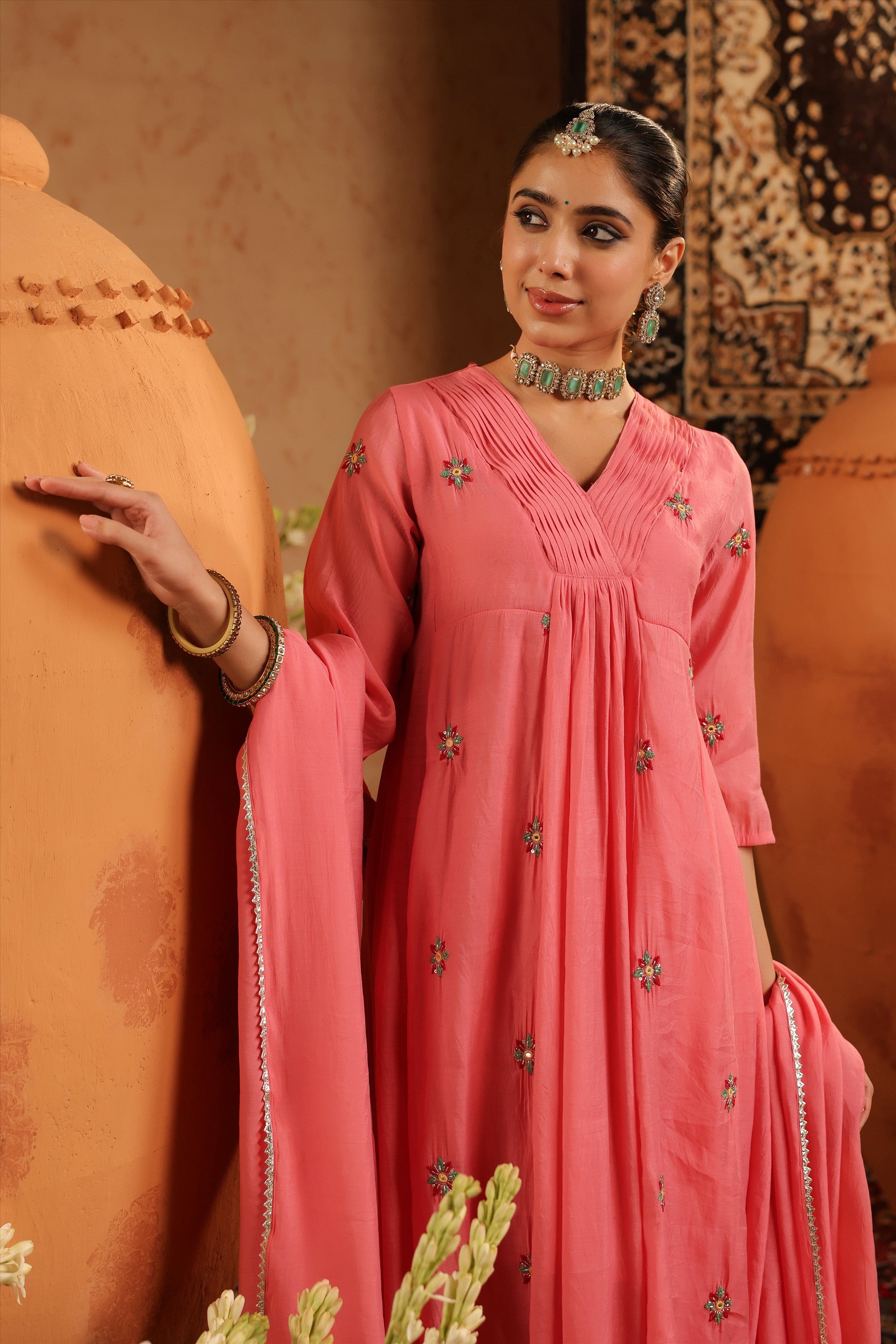 Mauve Mul Chanderi Hand Embroidered Anarkali Suit Set