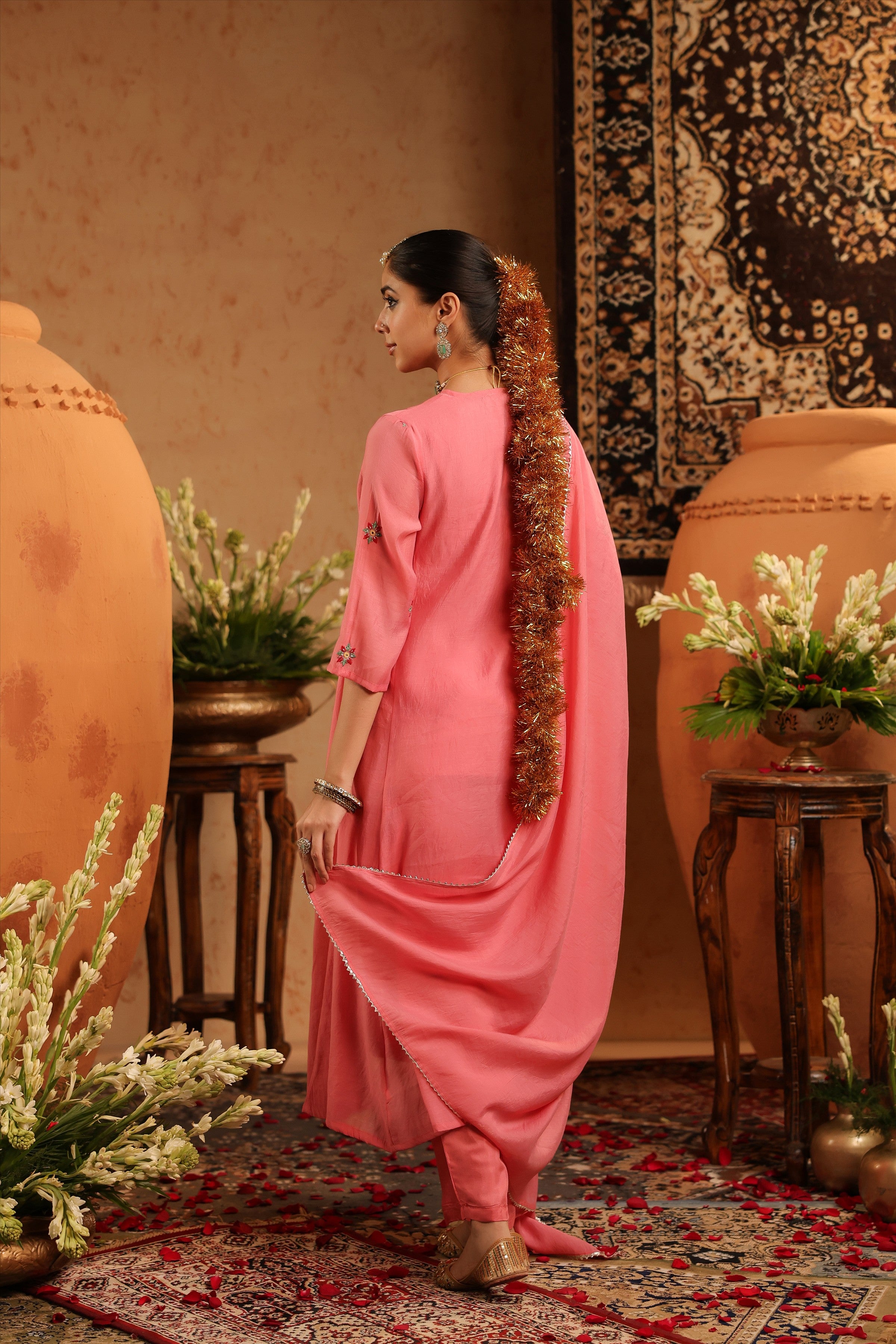 Mauve Mul Chanderi Hand Embroidered Anarkali Suit Set