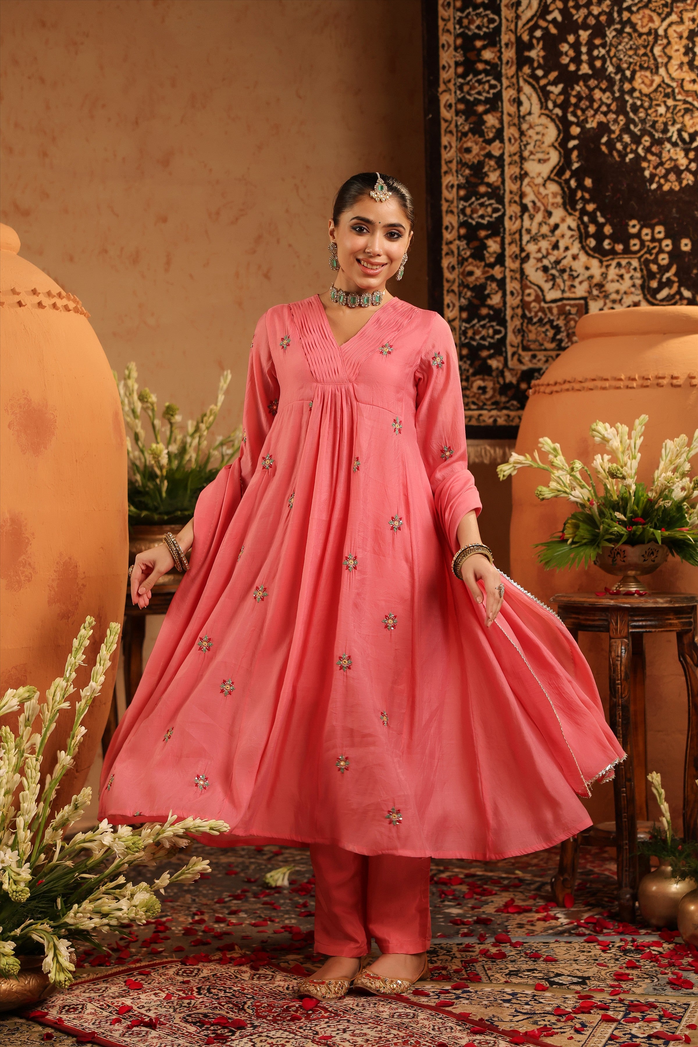 Mauve Mul Chanderi Hand Embroidered Anarkali Suit Set