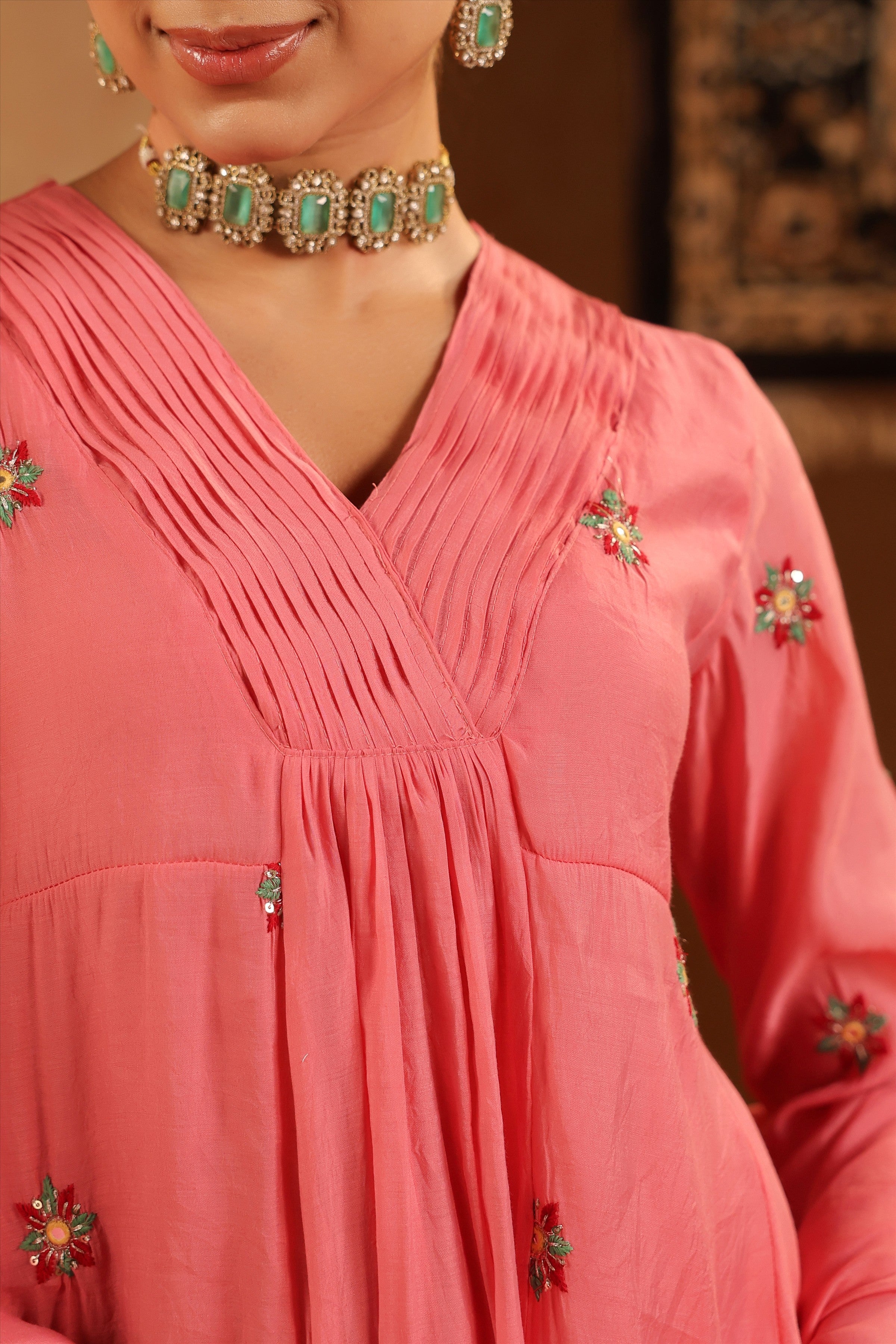 Mauve Mul Chanderi Hand Embroidered Anarkali Suit Set