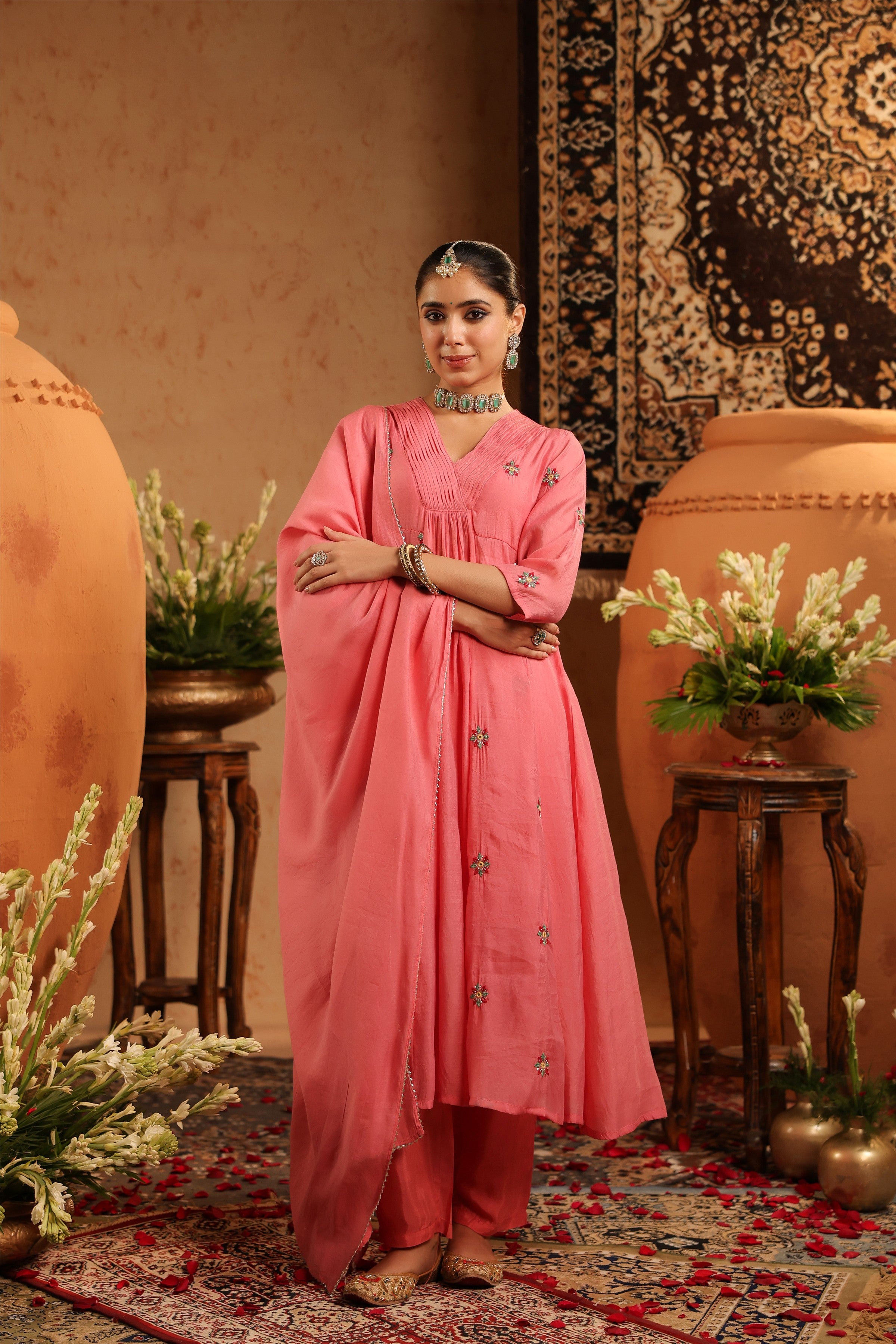 Mauve Mul Chanderi Hand Embroidered Anarkali Suit Set