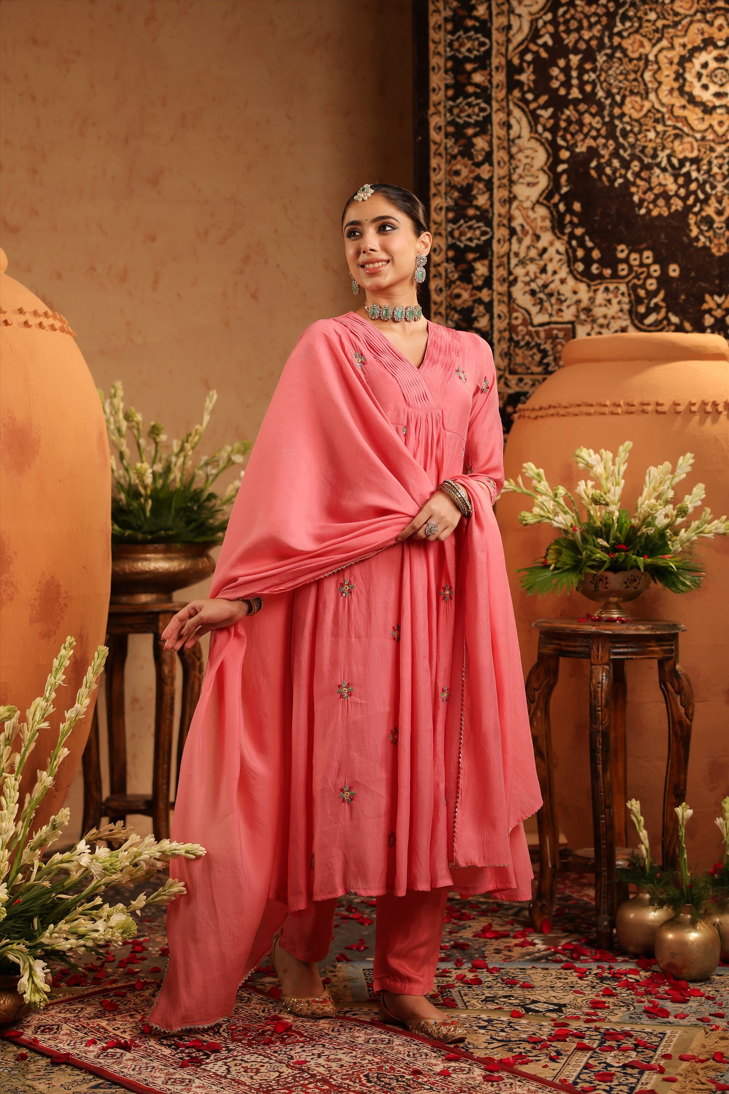 Mauve Mul Chanderi Hand Embroidered Anarkali Suit Set