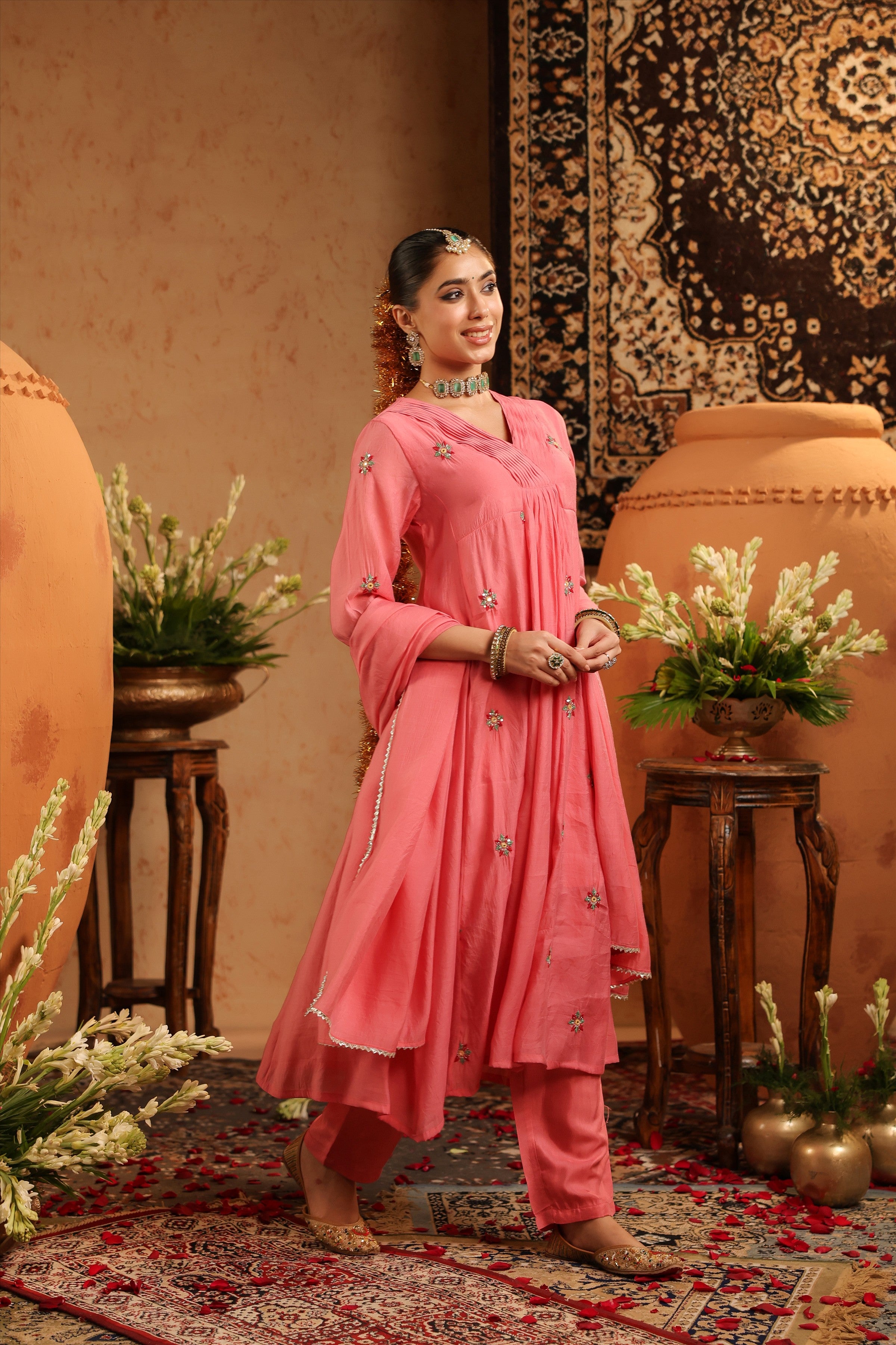 Mauve Mul Chanderi Hand Embroidered Anarkali Suit Set