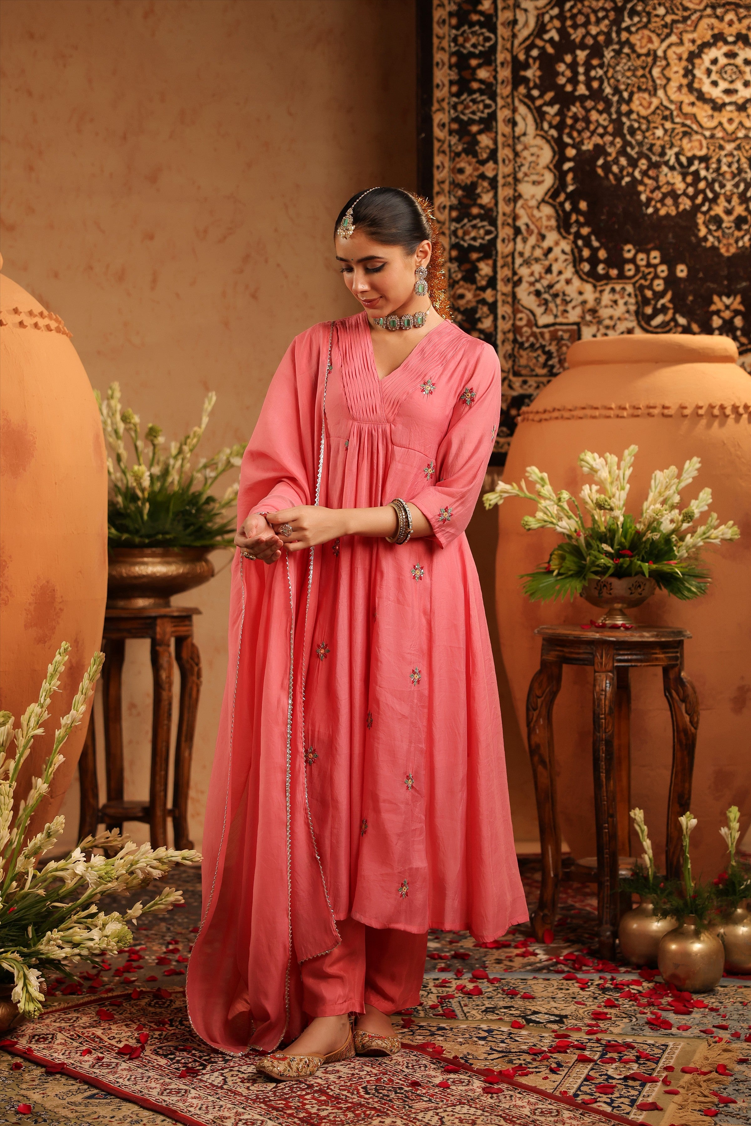 Mauve Mul Chanderi Hand Embroidered Anarkali Suit Set