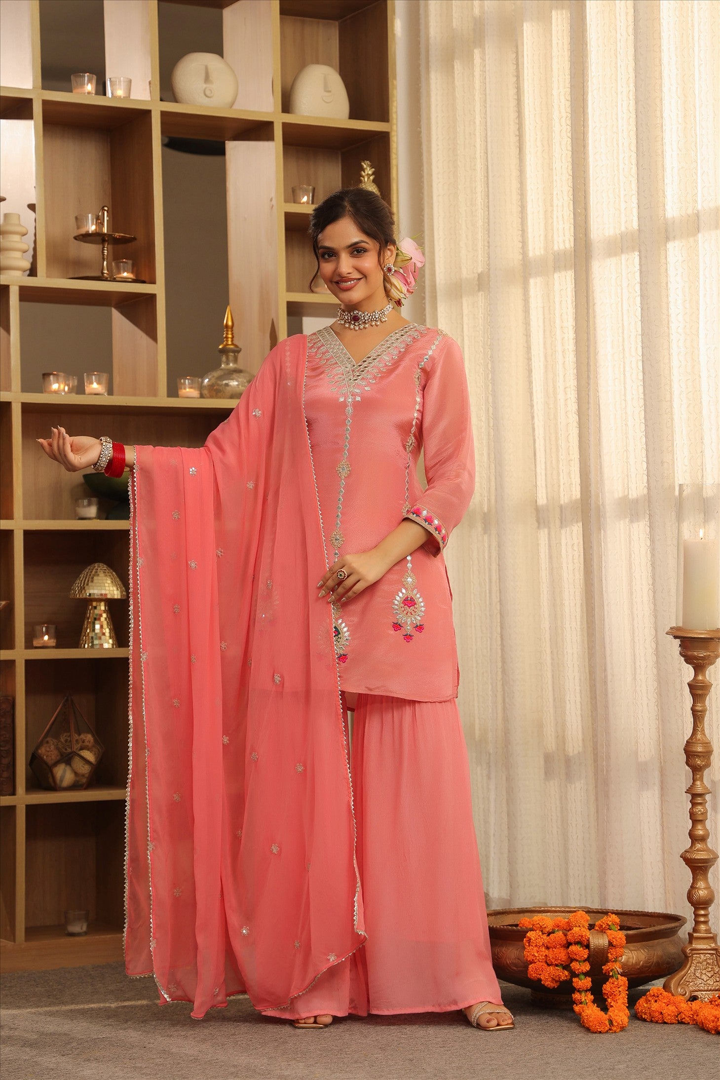 Rose Pink Shimmer Tissue Embroidered Sharara Set