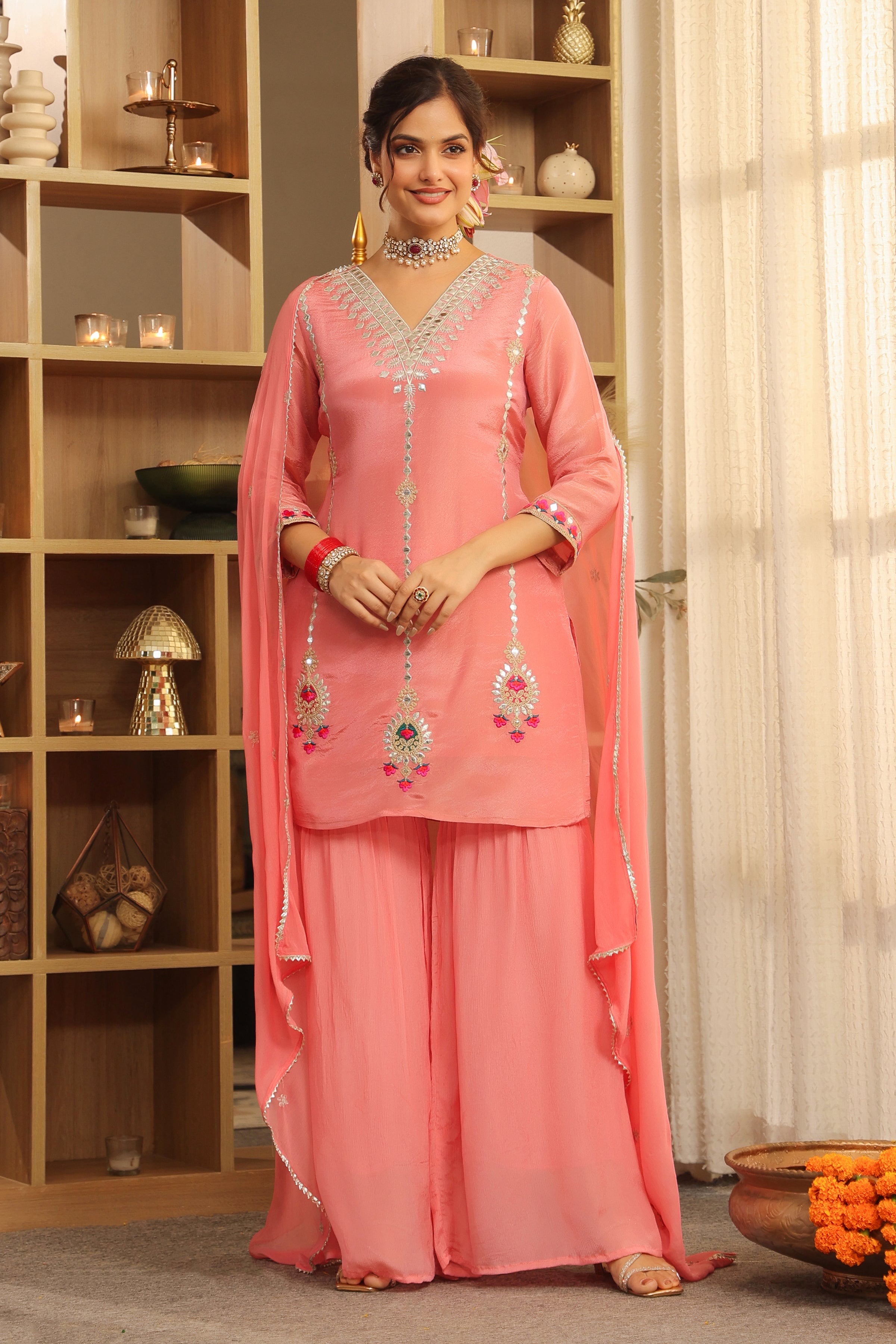 Rose Pink Shimmer Tissue Embroidered Sharara Set