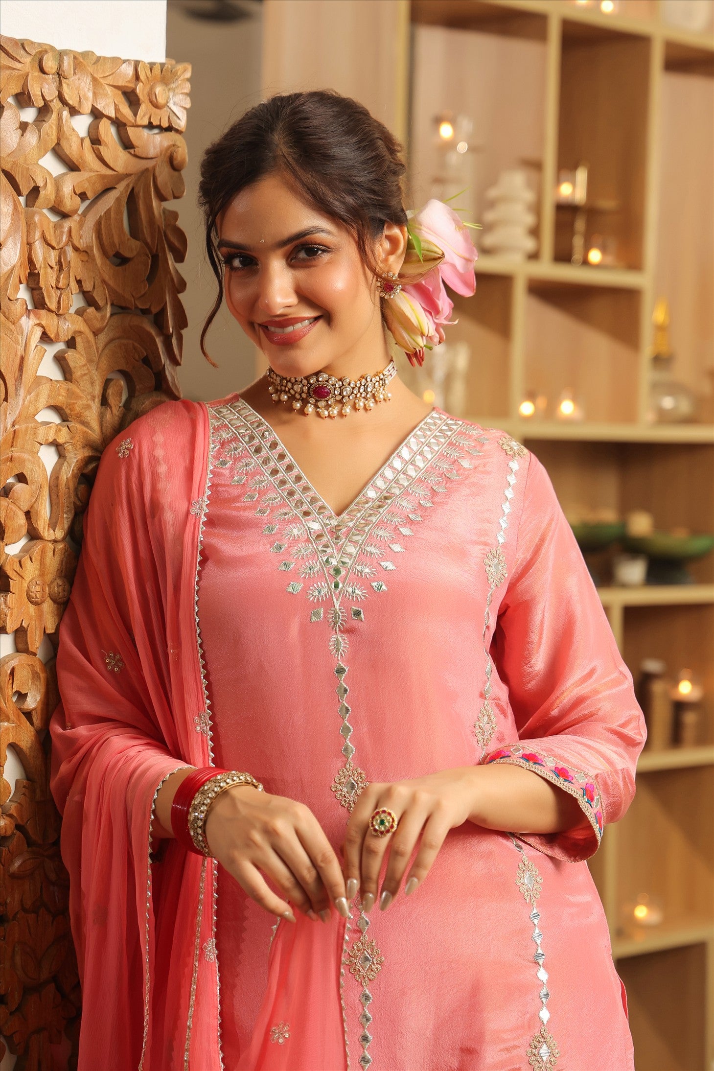 Rose Pink Shimmer Tissue Embroidered Sharara Set