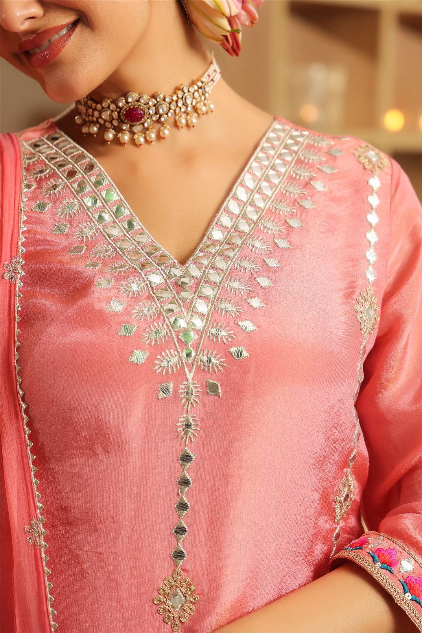 Rose Pink Shimmer Tissue Embroidered Sharara Set