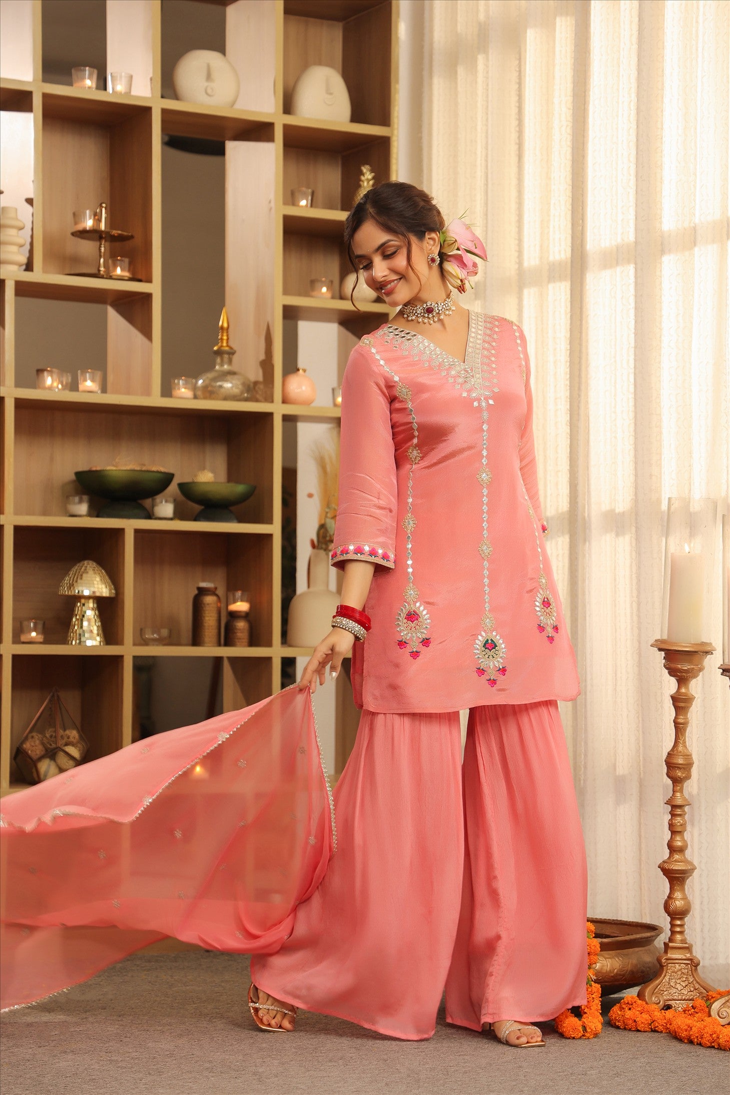 Rose Pink Shimmer Tissue Embroidered Sharara Set