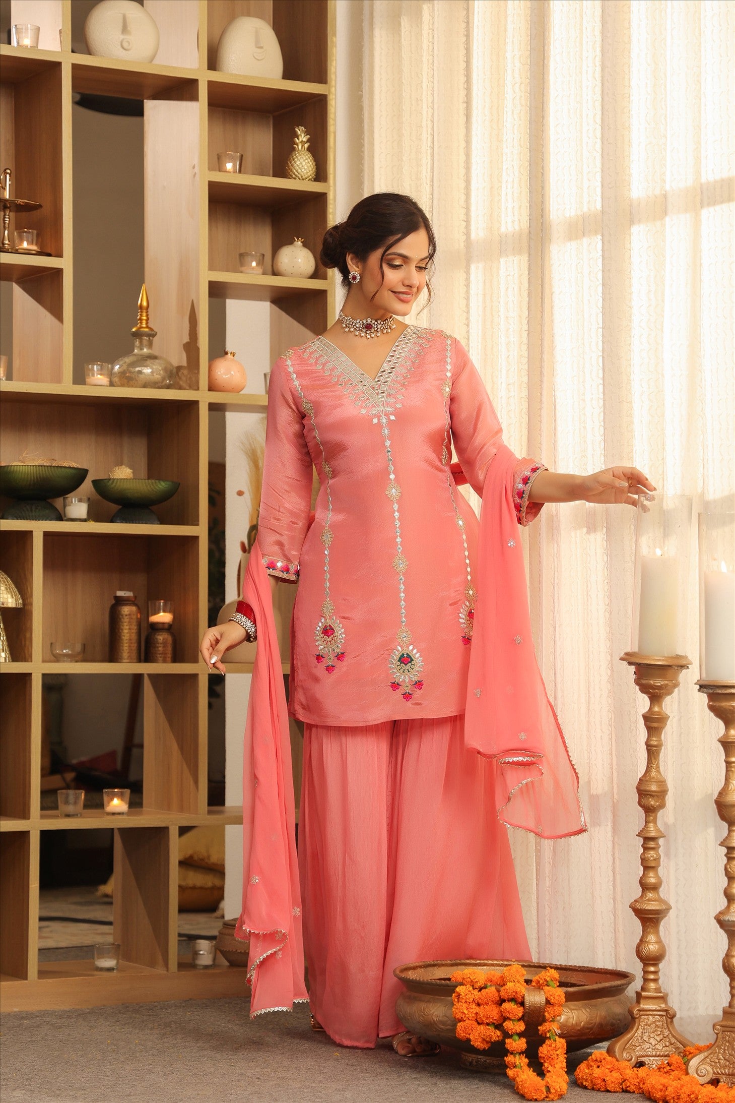 Rose Pink Shimmer Tissue Embroidered Sharara Set