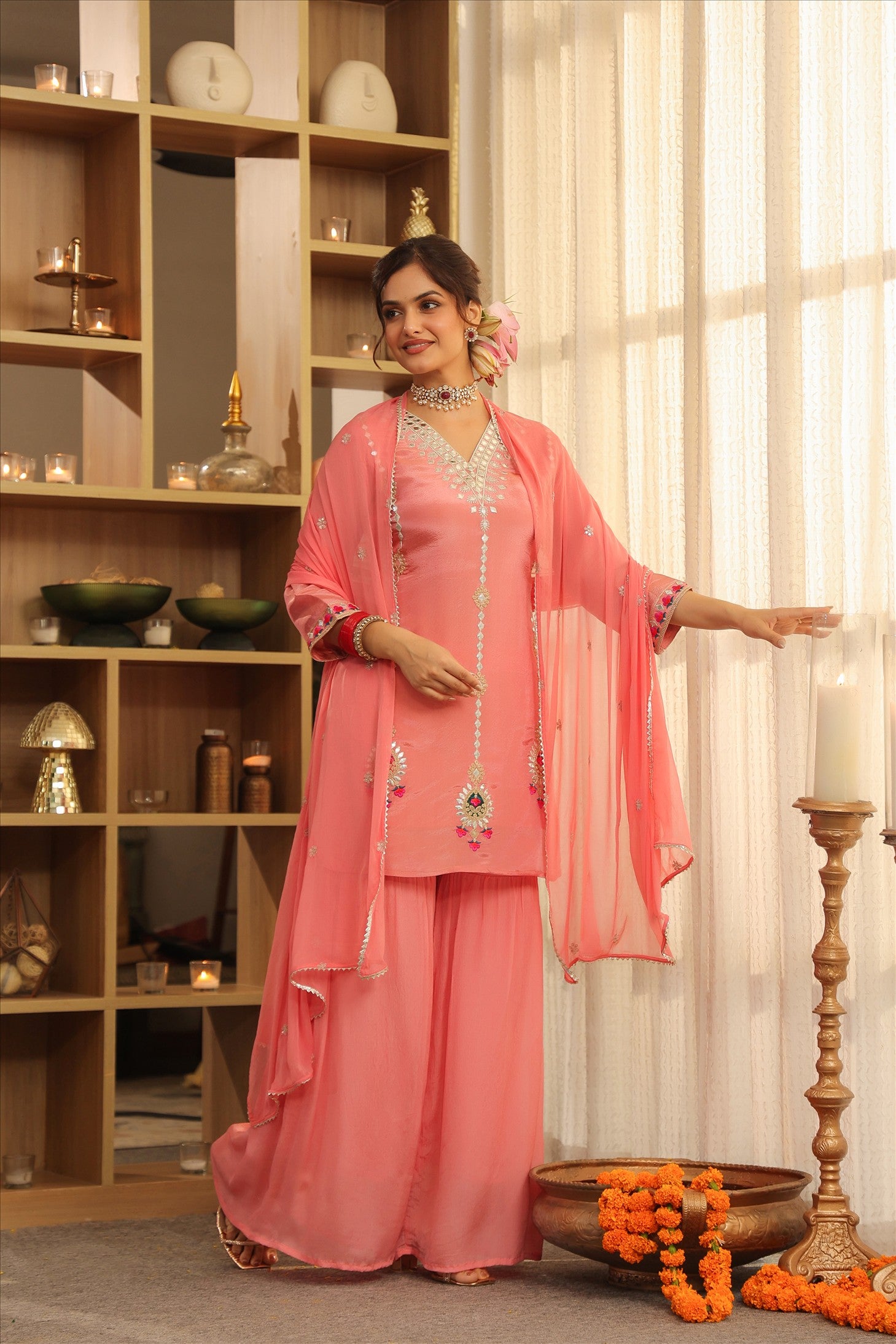 Rose Pink Shimmer Tissue Embroidered Sharara Set