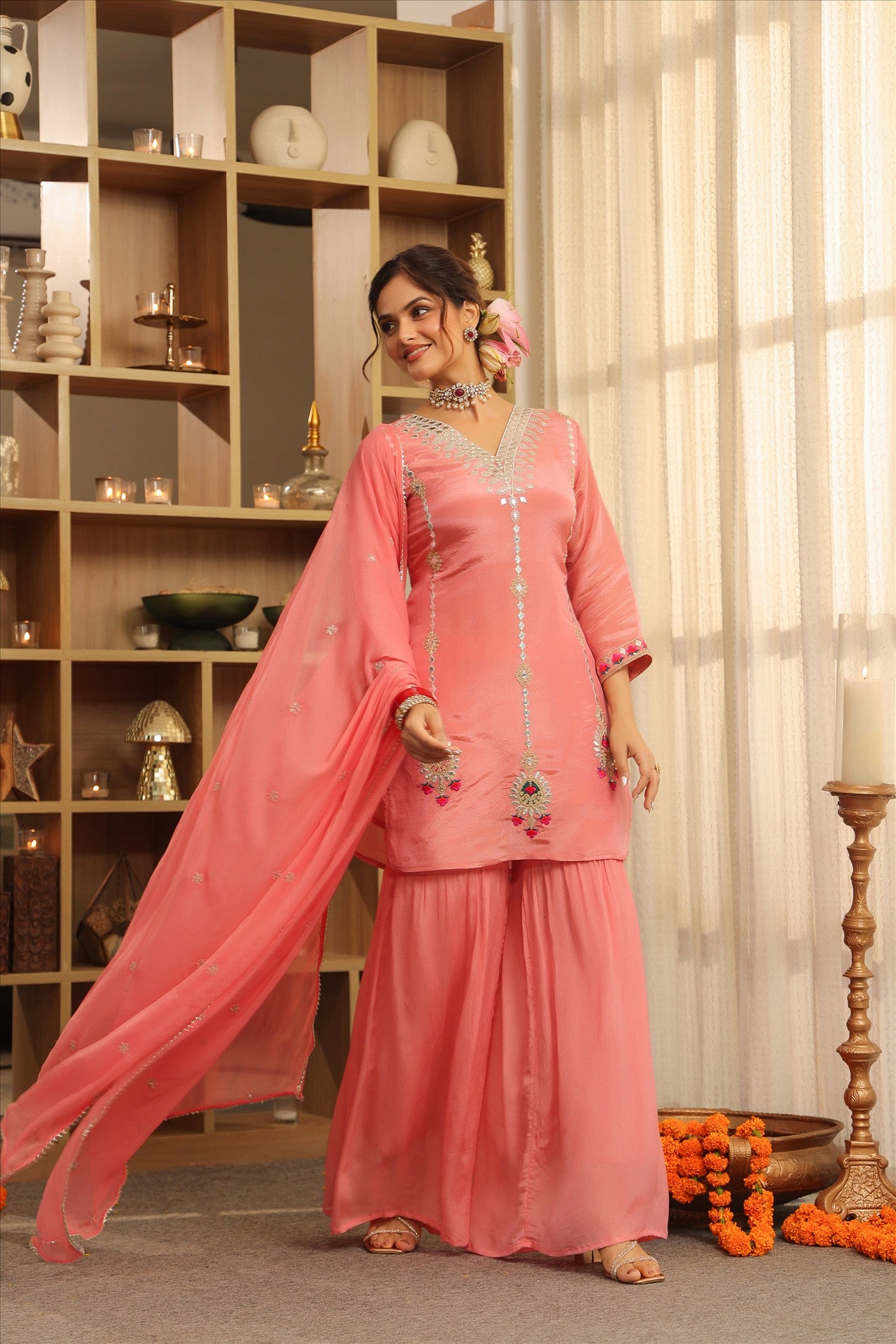 Rose Pink Shimmer Tissue Embroidered Sharara Set