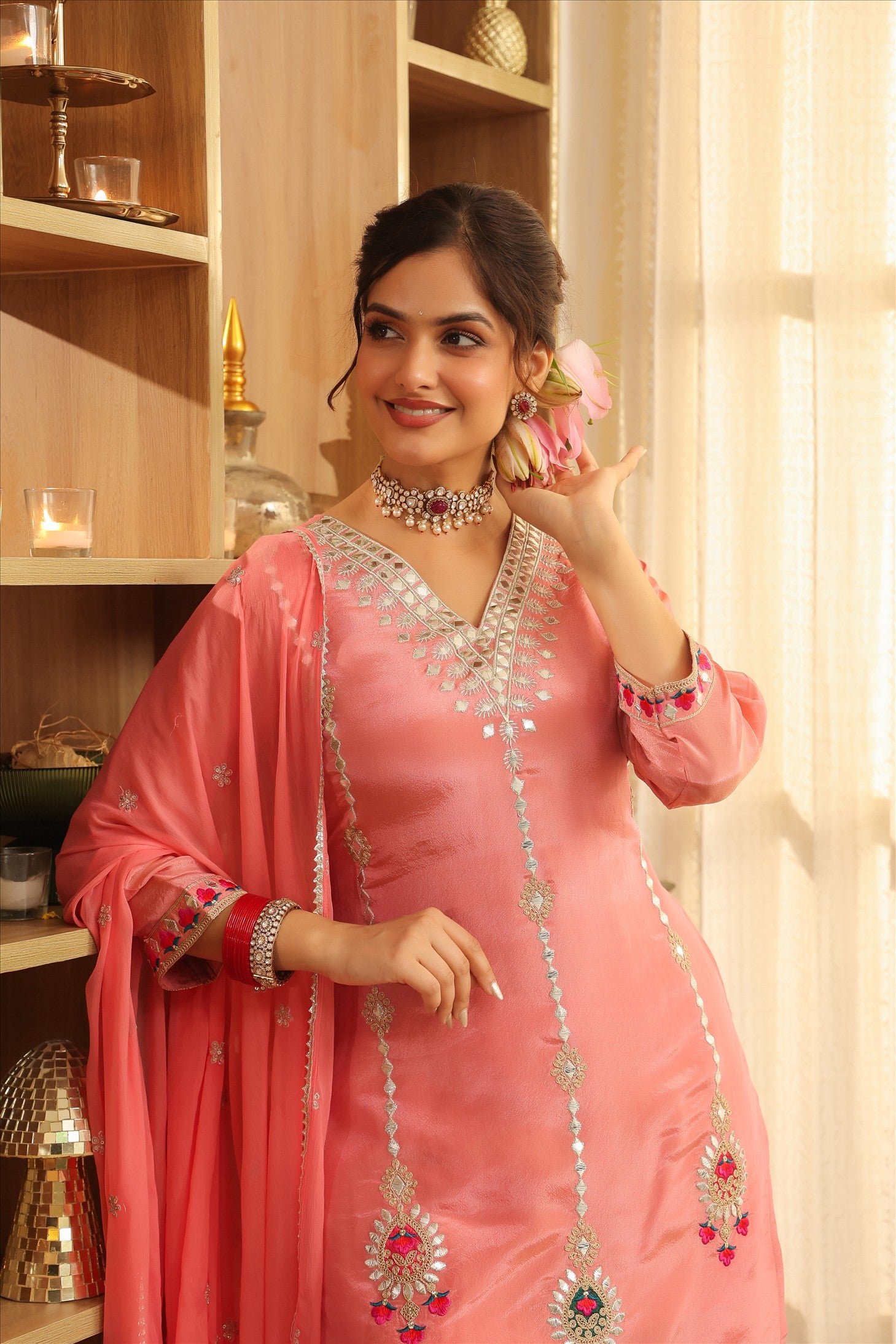 Rose Pink Shimmer Tissue Embroidered Sharara Set