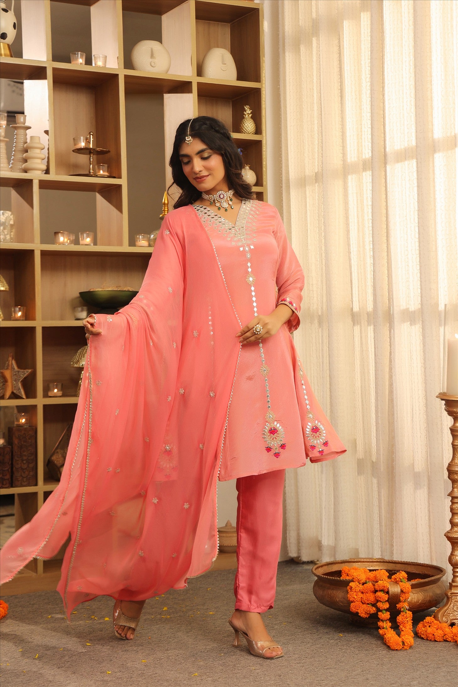 Rose Pink Shimmer Tissue Embroidered Anarkali Set