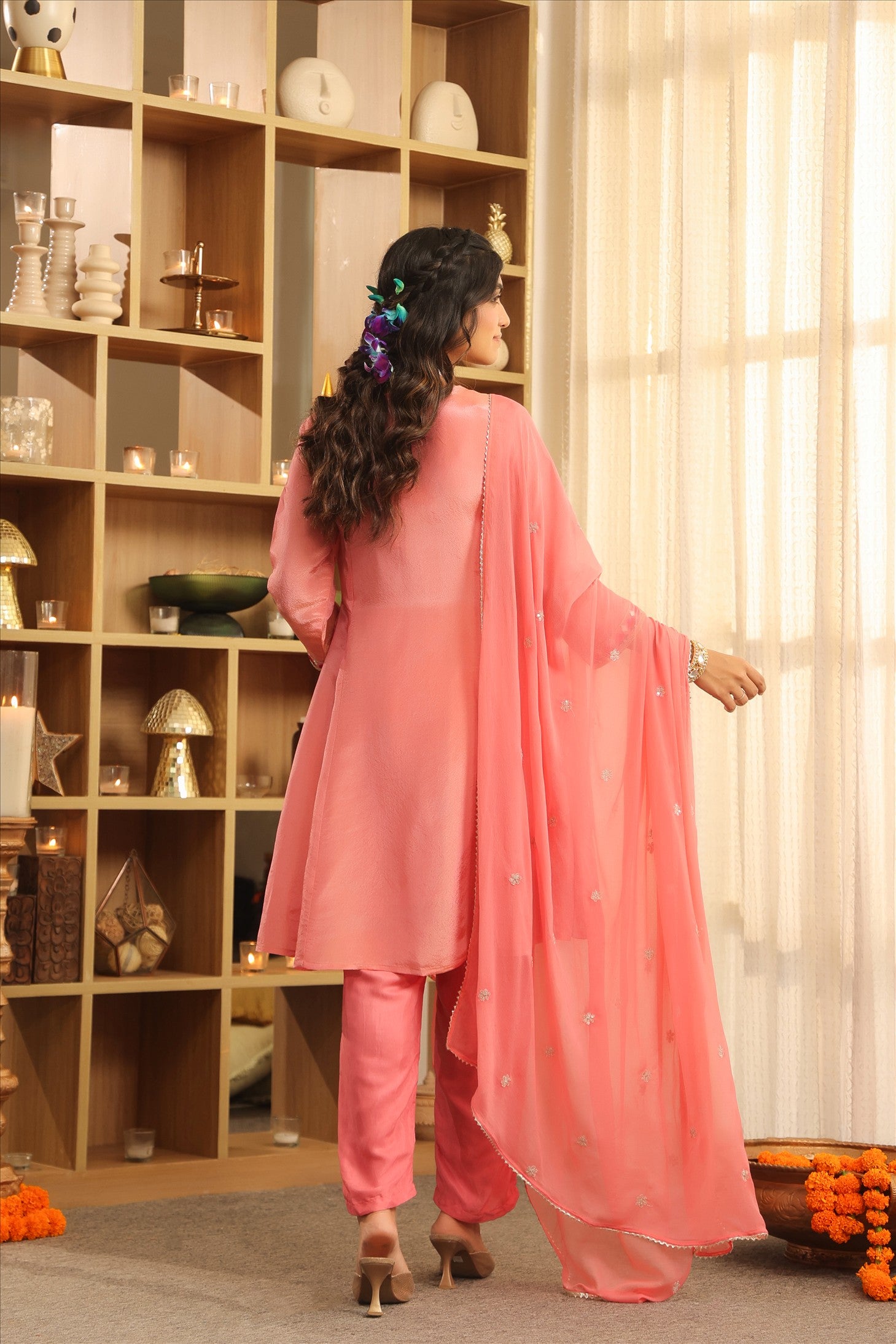 Rose Pink Shimmer Tissue Embroidered Anarkali Set